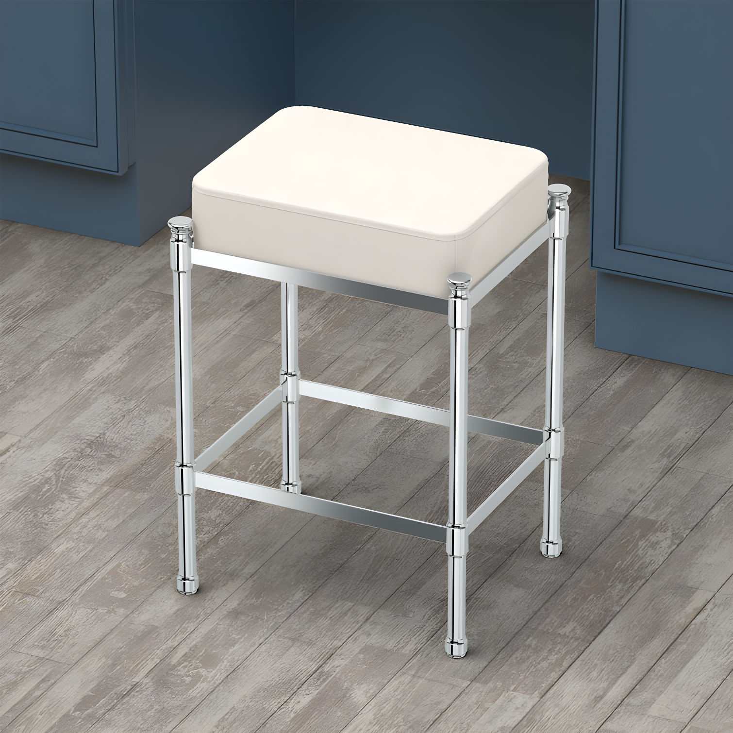 19.5" Chrome and White Rectangular Vanity Stool with Leather Seat