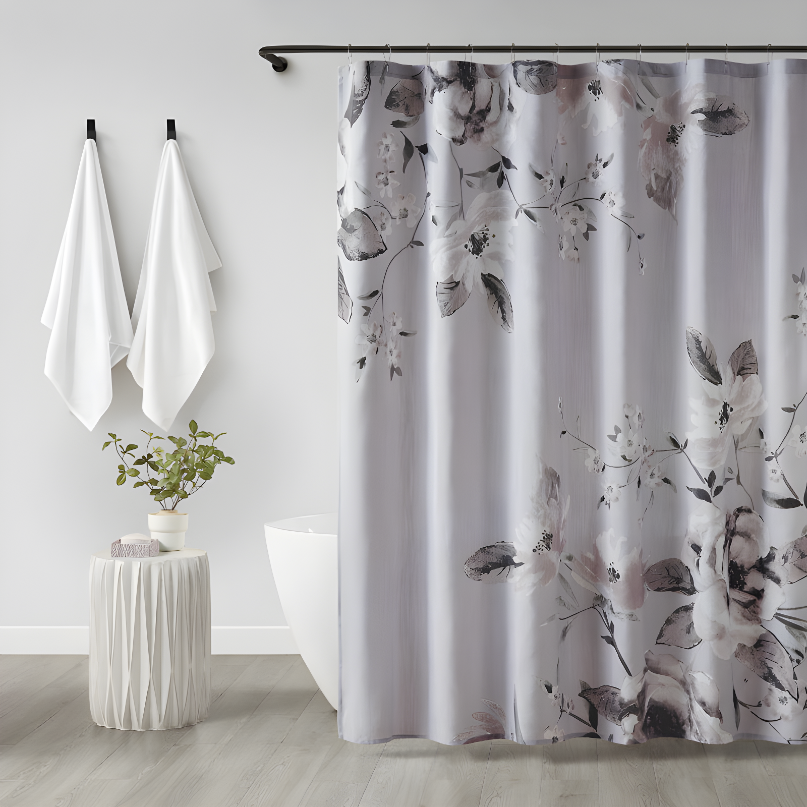 Lilac Floral Cotton Shower Curtain with Liner