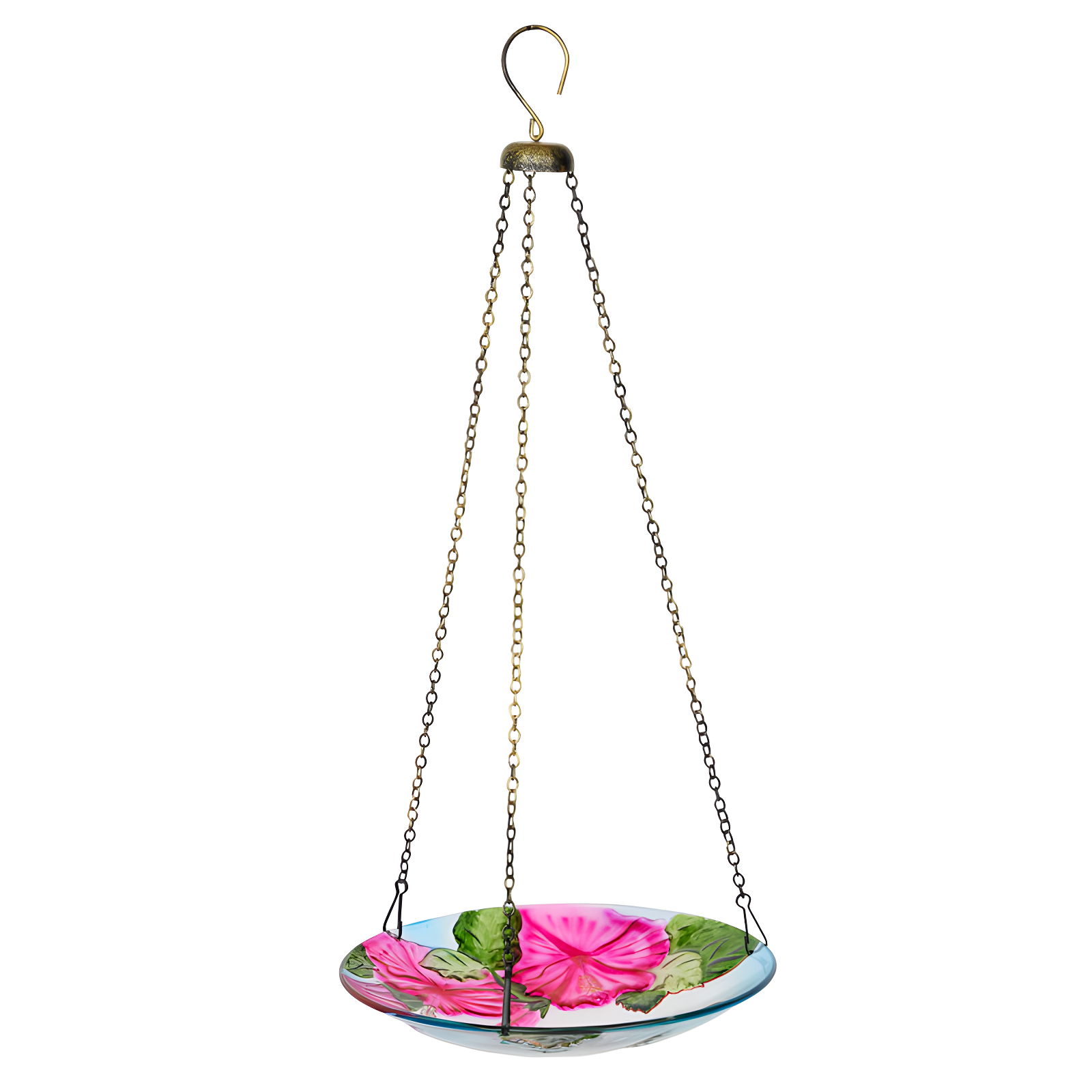 10" Multicolor Glass Hanging Bird Feeder with Red Flowers