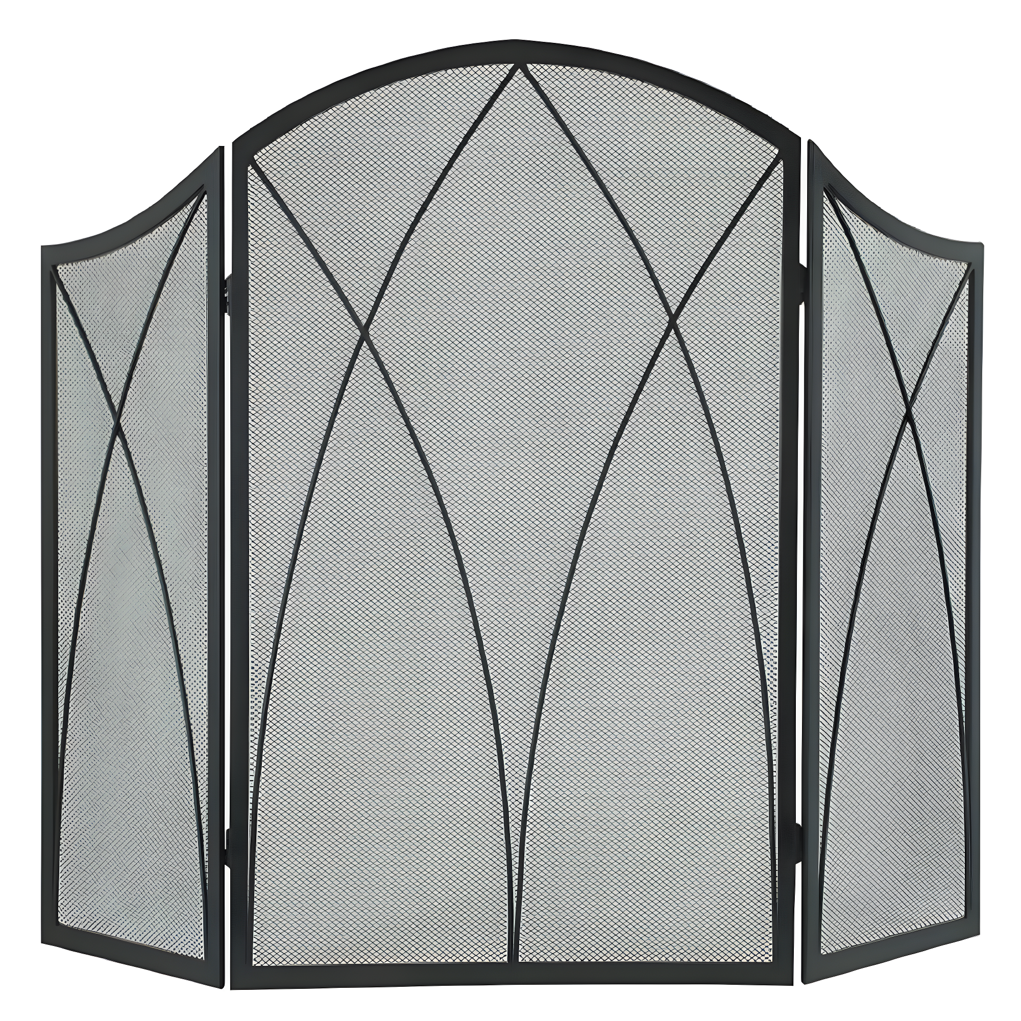 Black Steel Arched Three-Panel Fireplace Screen