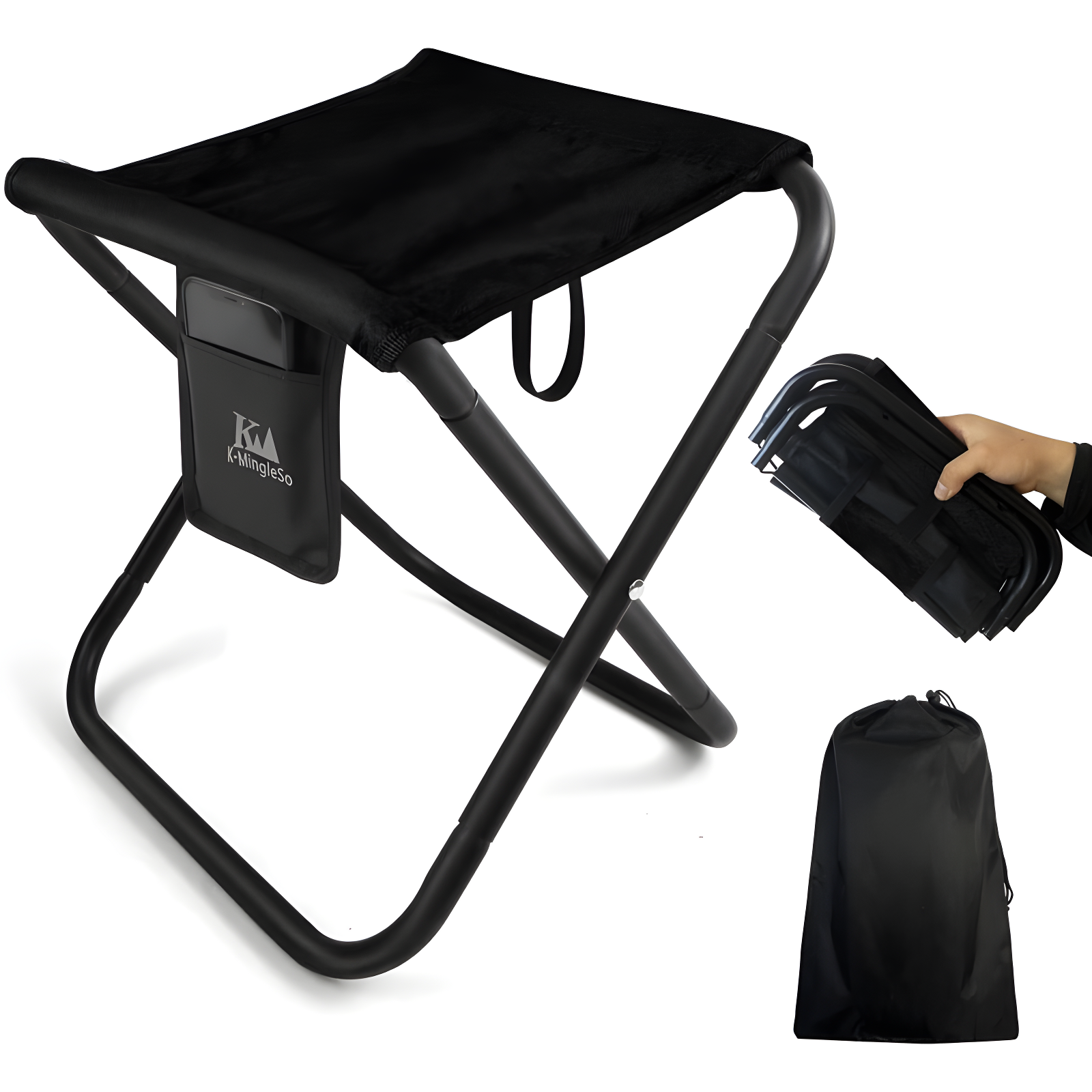 Black Foldable Metal Camping Stool with Side Pocket