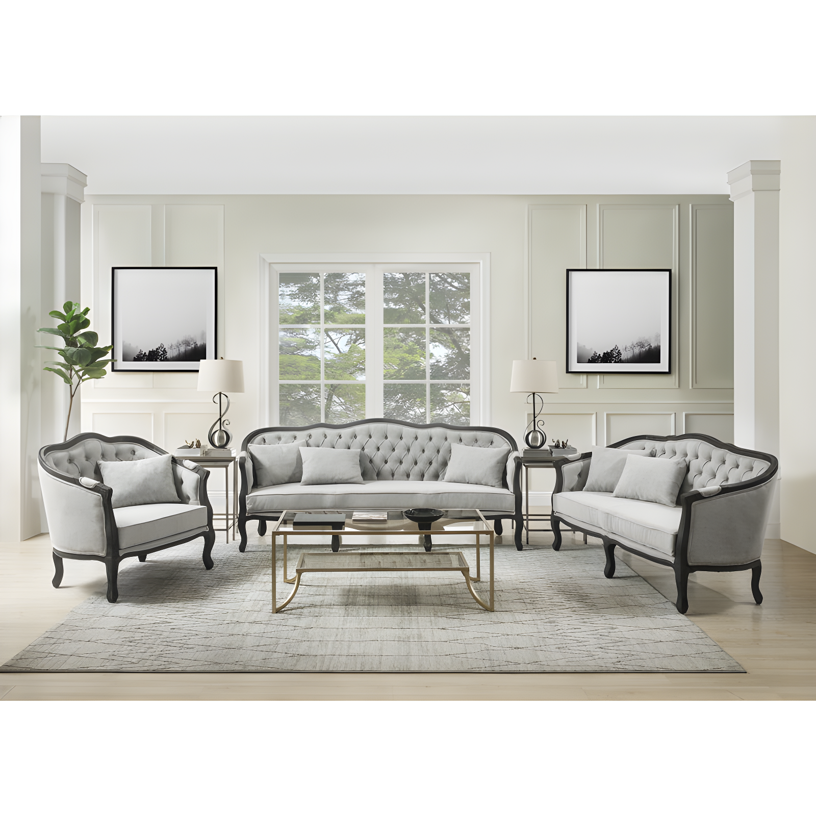 Gray Linen Blend 3-Piece Living Room Set with Recessed Arms