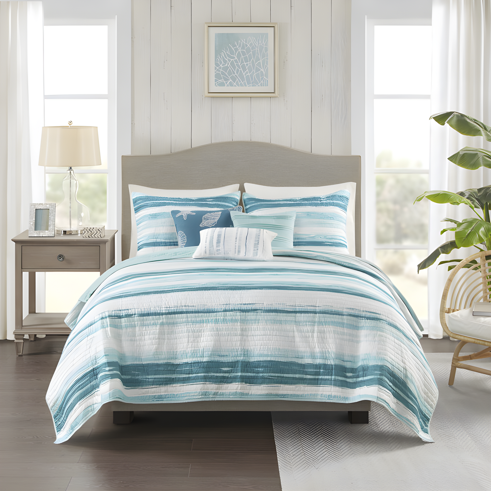 Aqua Reversible Microfiber King Quilt Set with Decorative Pillows