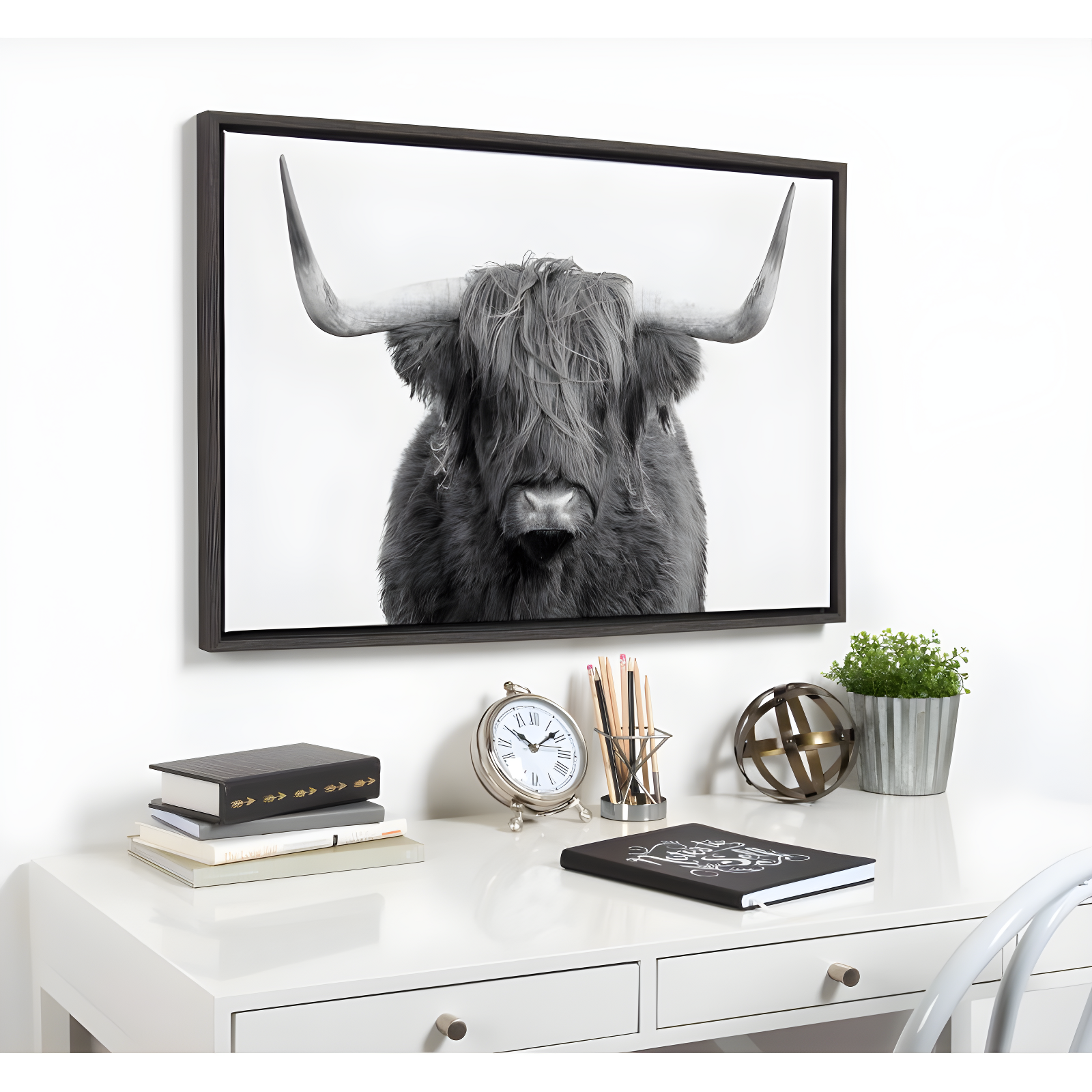 Gray Highland Cow Animal Canvas Print for Kids Nursery