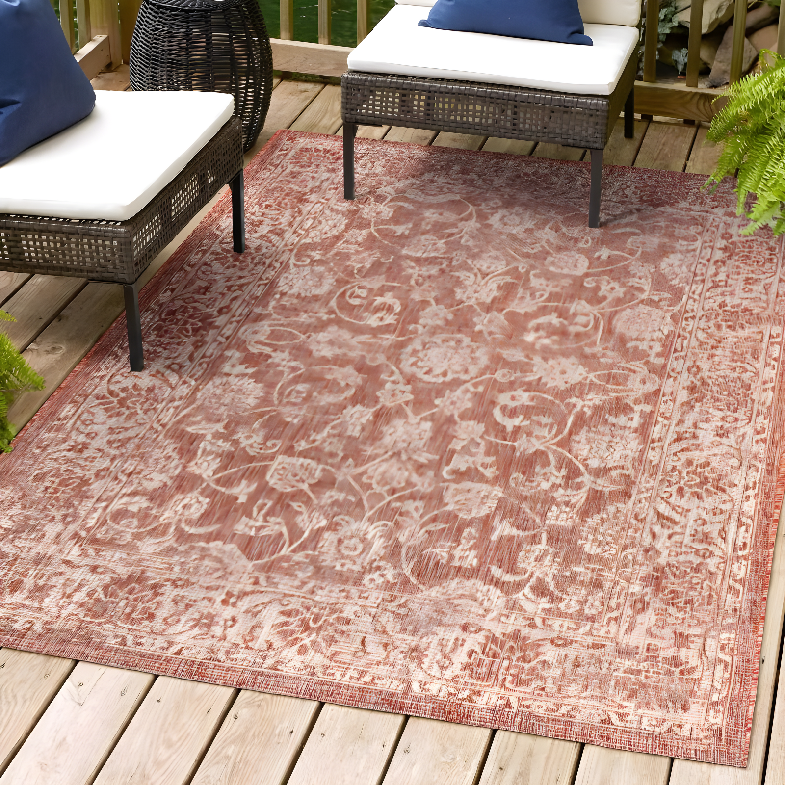 Bohemian Vine-and-Border Red and Taupe 8'x10' Indoor/Outdoor Area Rug