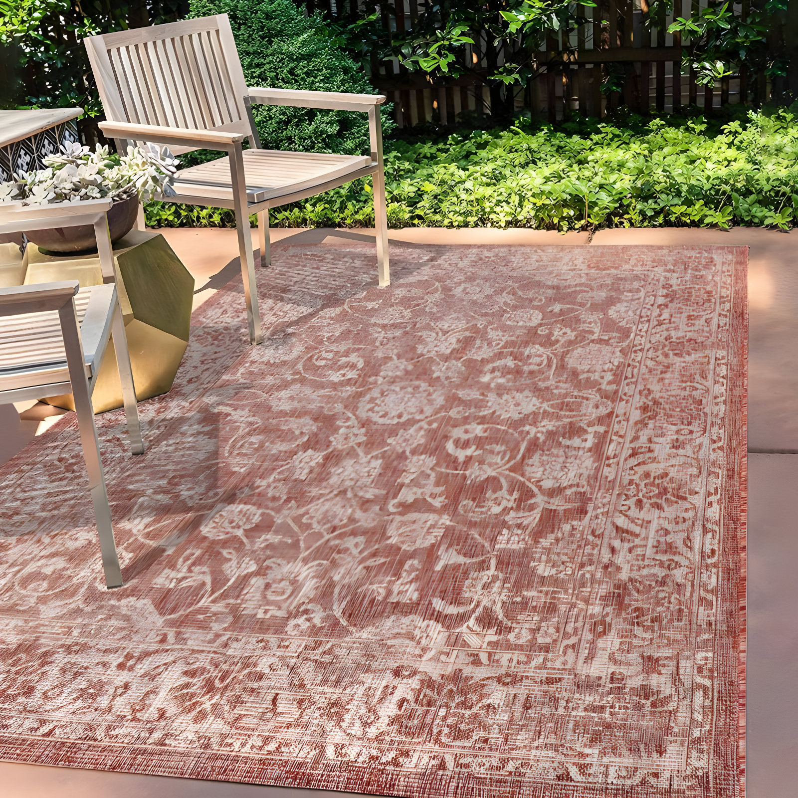 Bohemian Vine-and-Border Red and Taupe 8'x10' Indoor/Outdoor Area Rug