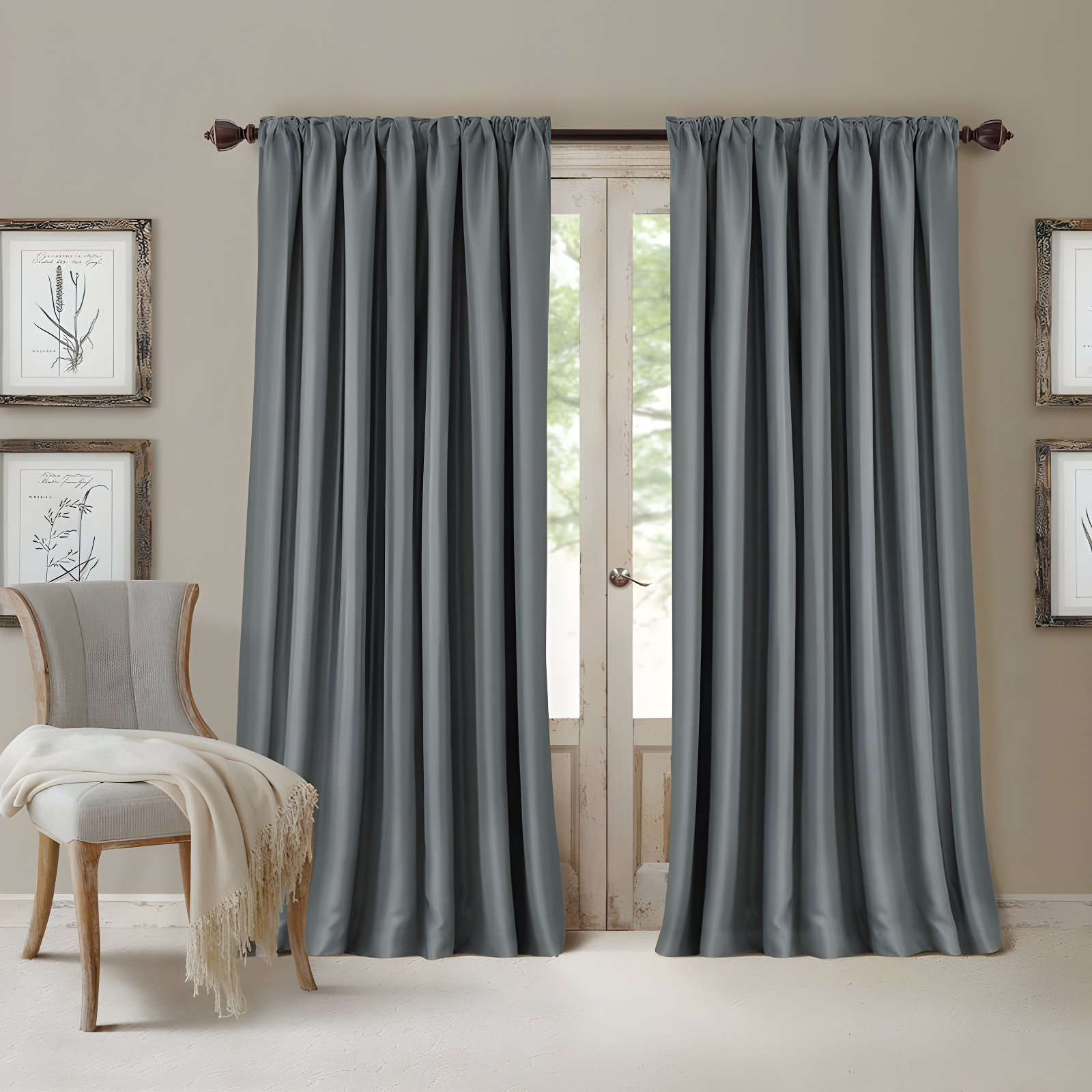 Dusty Blue Wide Blackout Faux Silk Drapes with Rod Pocket