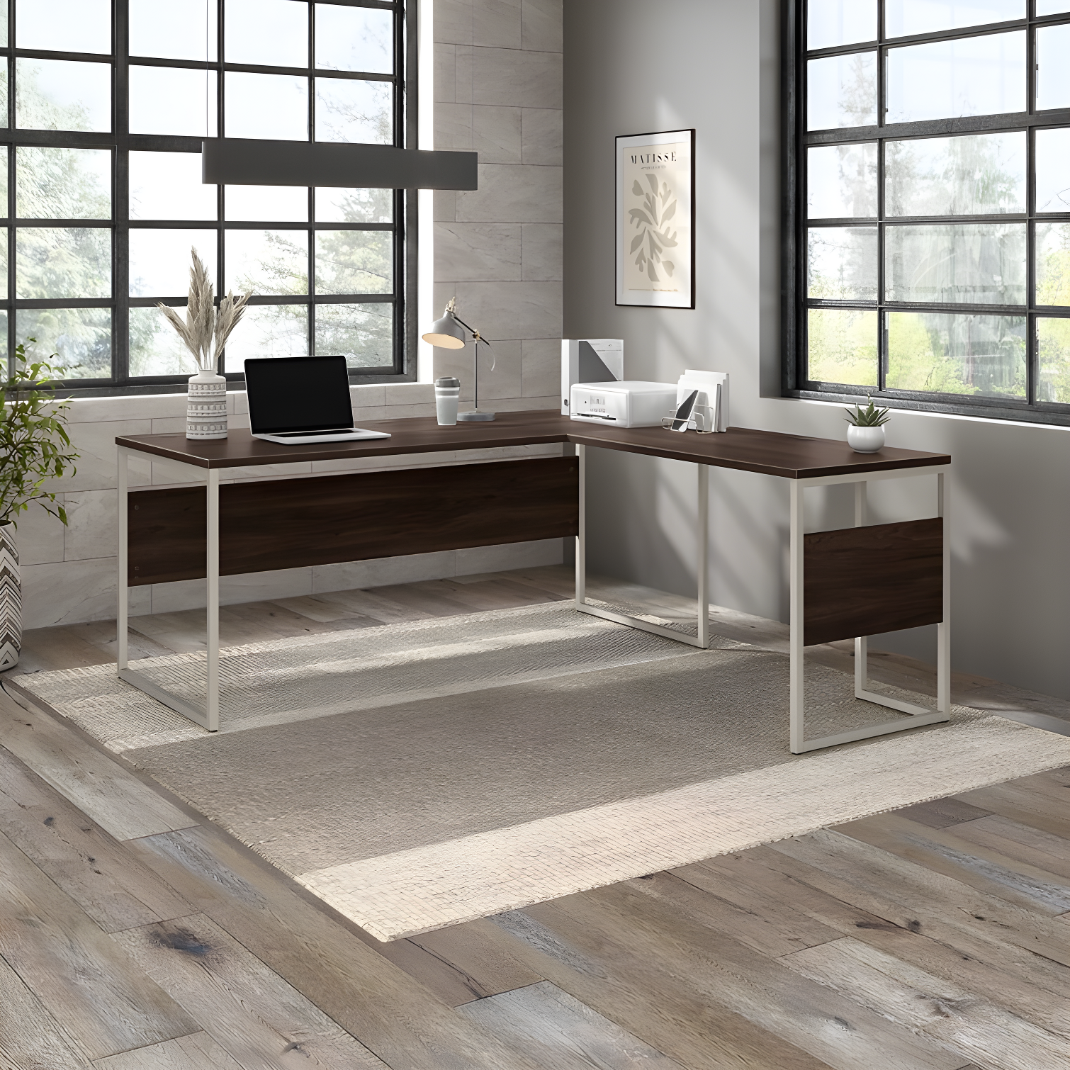 Black Walnut L-Shaped Home Office Desk with Metal Legs