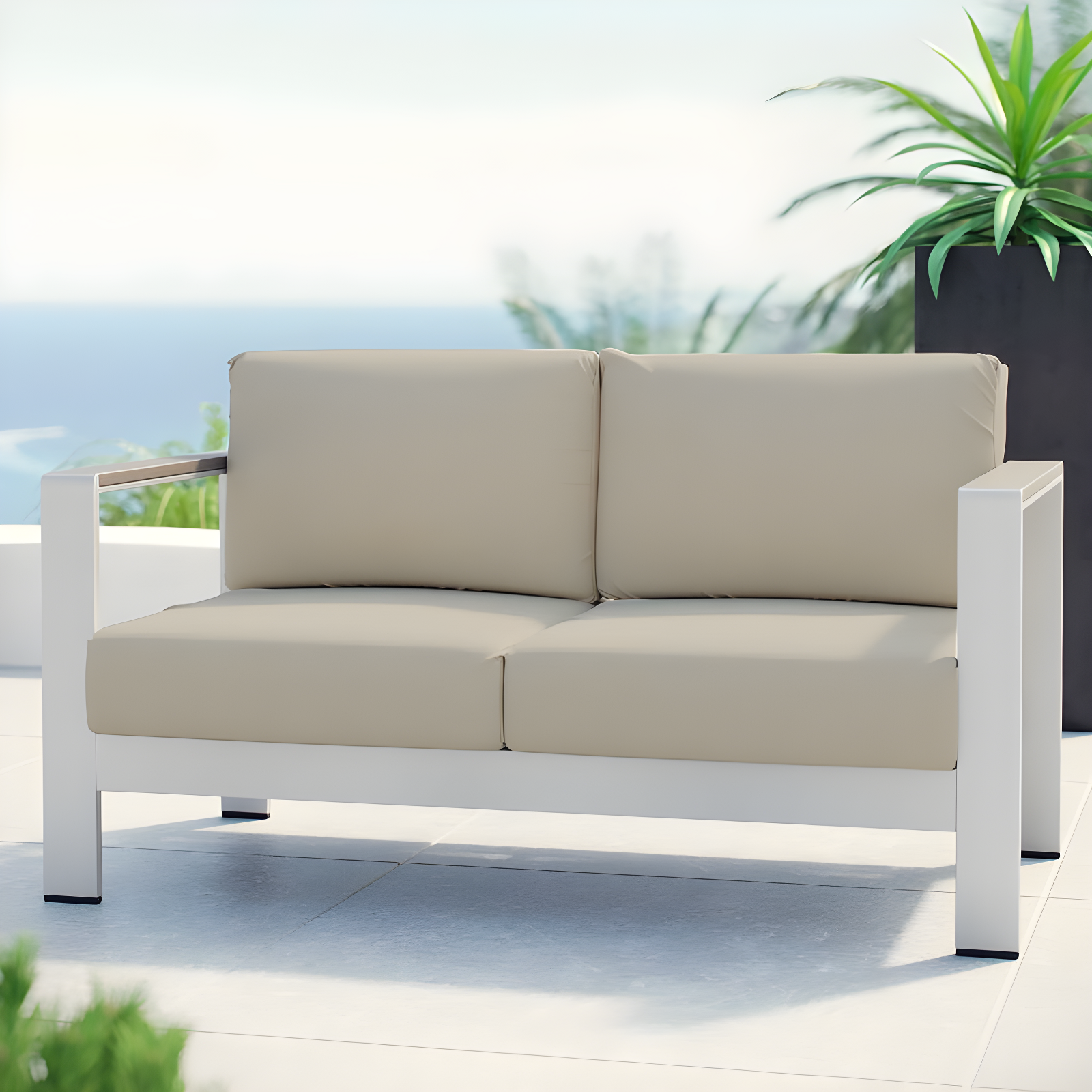 Silver Beige Aluminum Outdoor Patio Loveseat