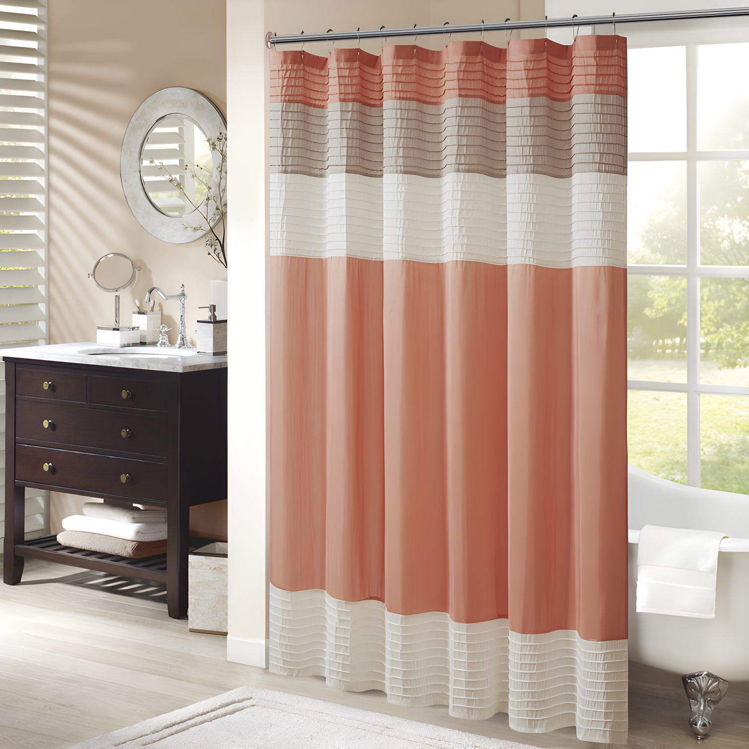 Coral and Beige Faux Silk Striped Shower Curtain