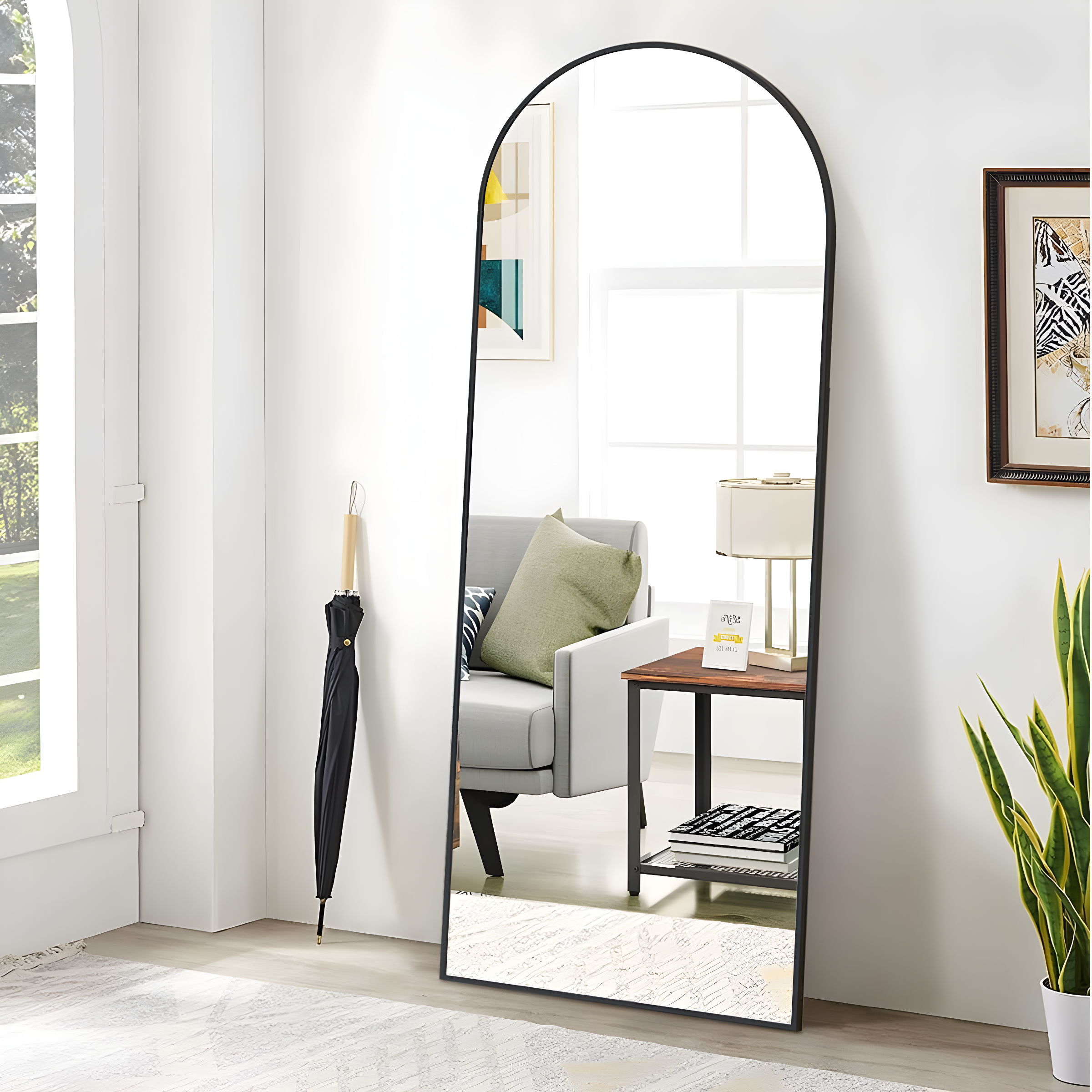 Black Aluminum Arch Full Length Floor Mirror, 65" x 24"