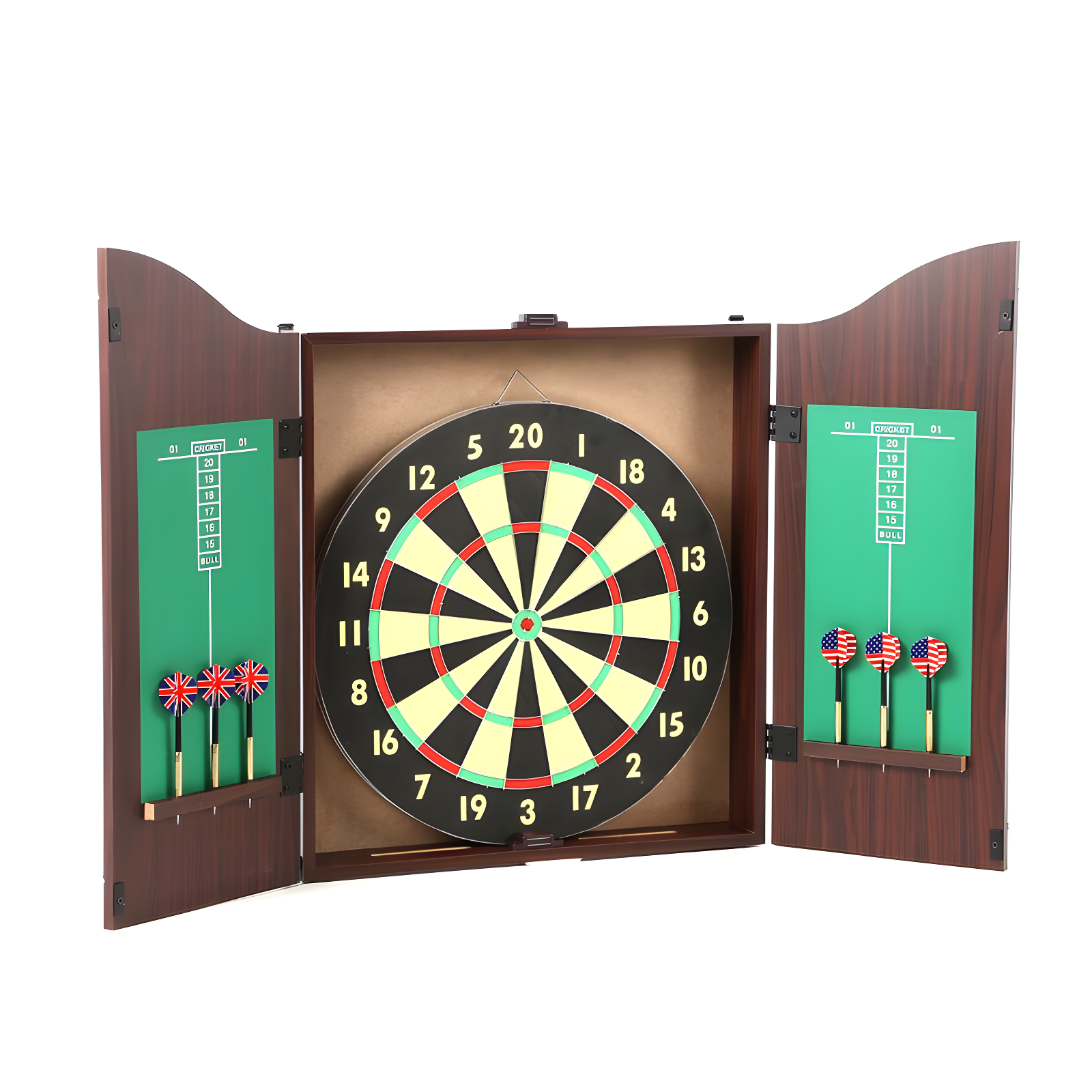 Walnut Finish Bristle Dartboard Cabinet Set with Steel-Tip Darts