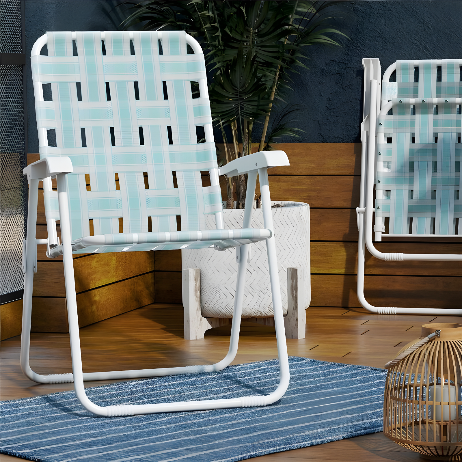 Teal and White Folding Patio Dining Chairs, Set of 2