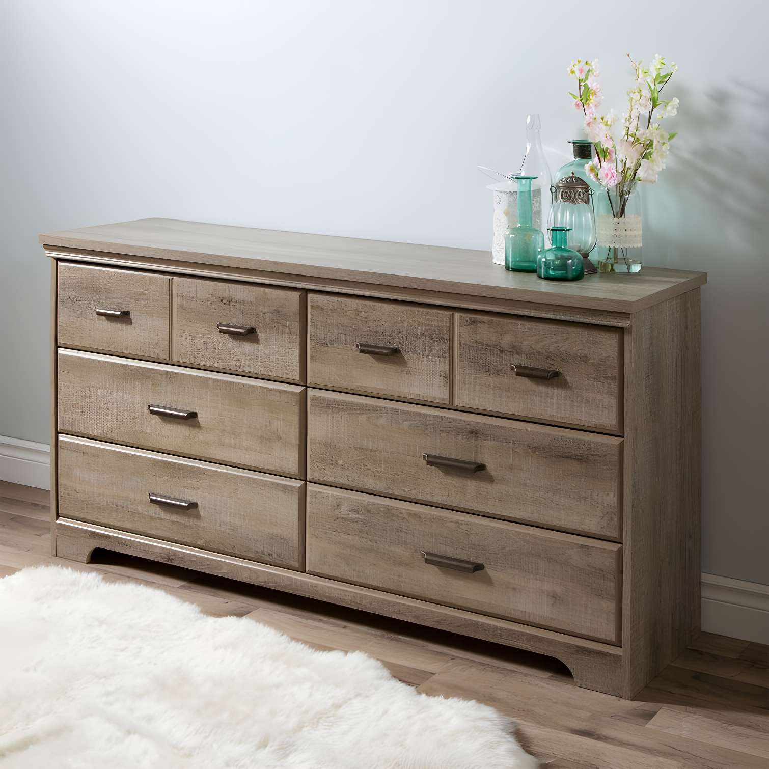 Cottage Charm Weathered Oak Double Dresser with Soft Close Drawers