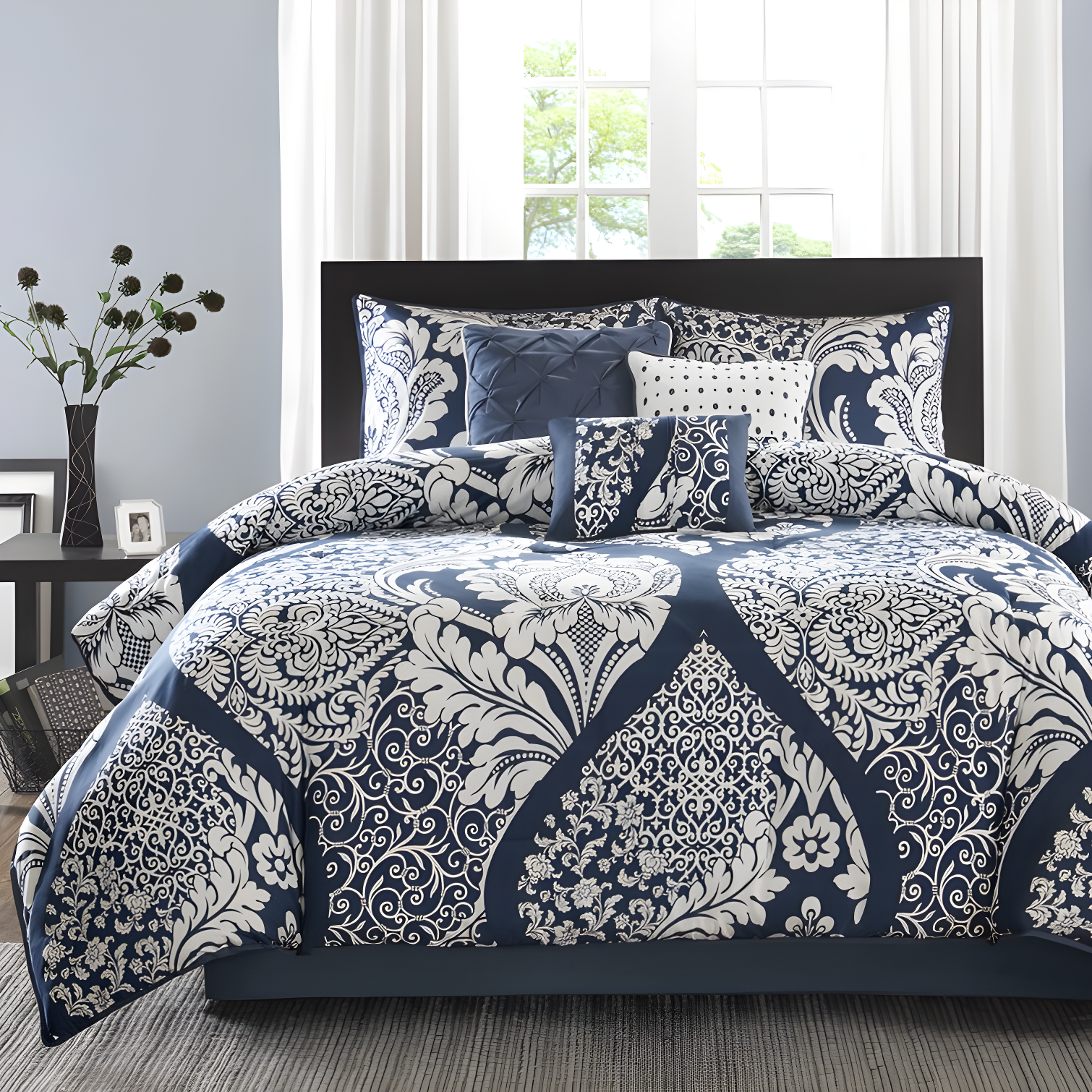 Indigo and White Queen Cotton Reversible Comforter Set