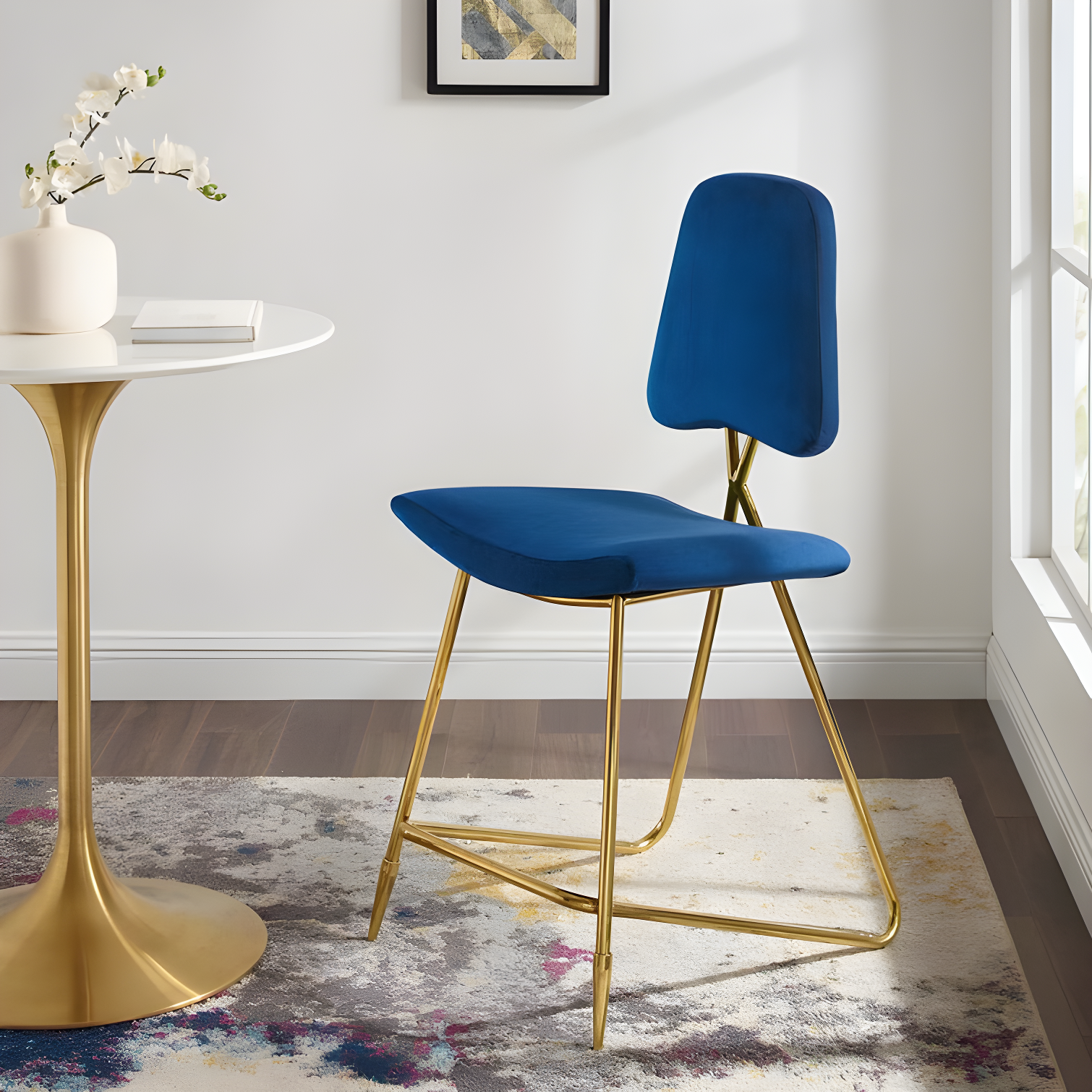 Navy Velvet Upholstered Counter Stool with Gold Stainless Steel Legs