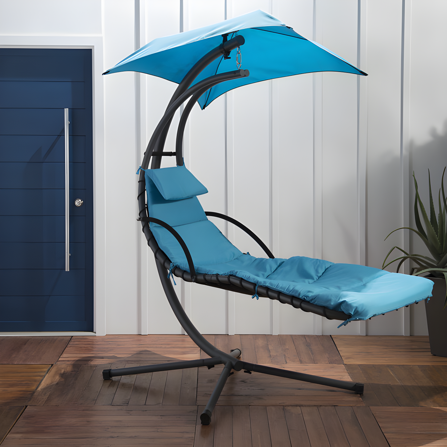 Teal Floating Chaise Lounge Chair with Canopy and Cushions