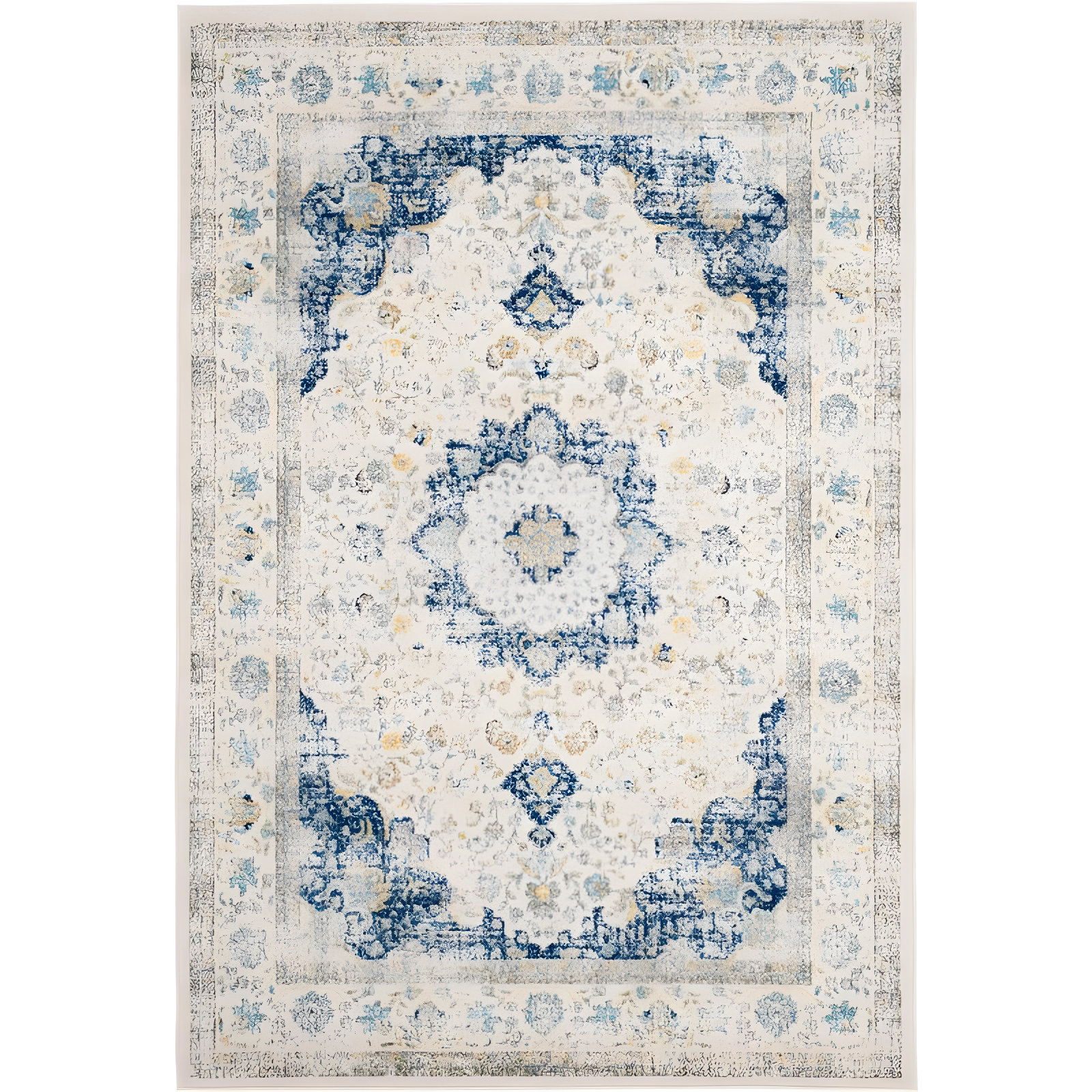 Ivory and Blue High Pile Synthetic Area Rug