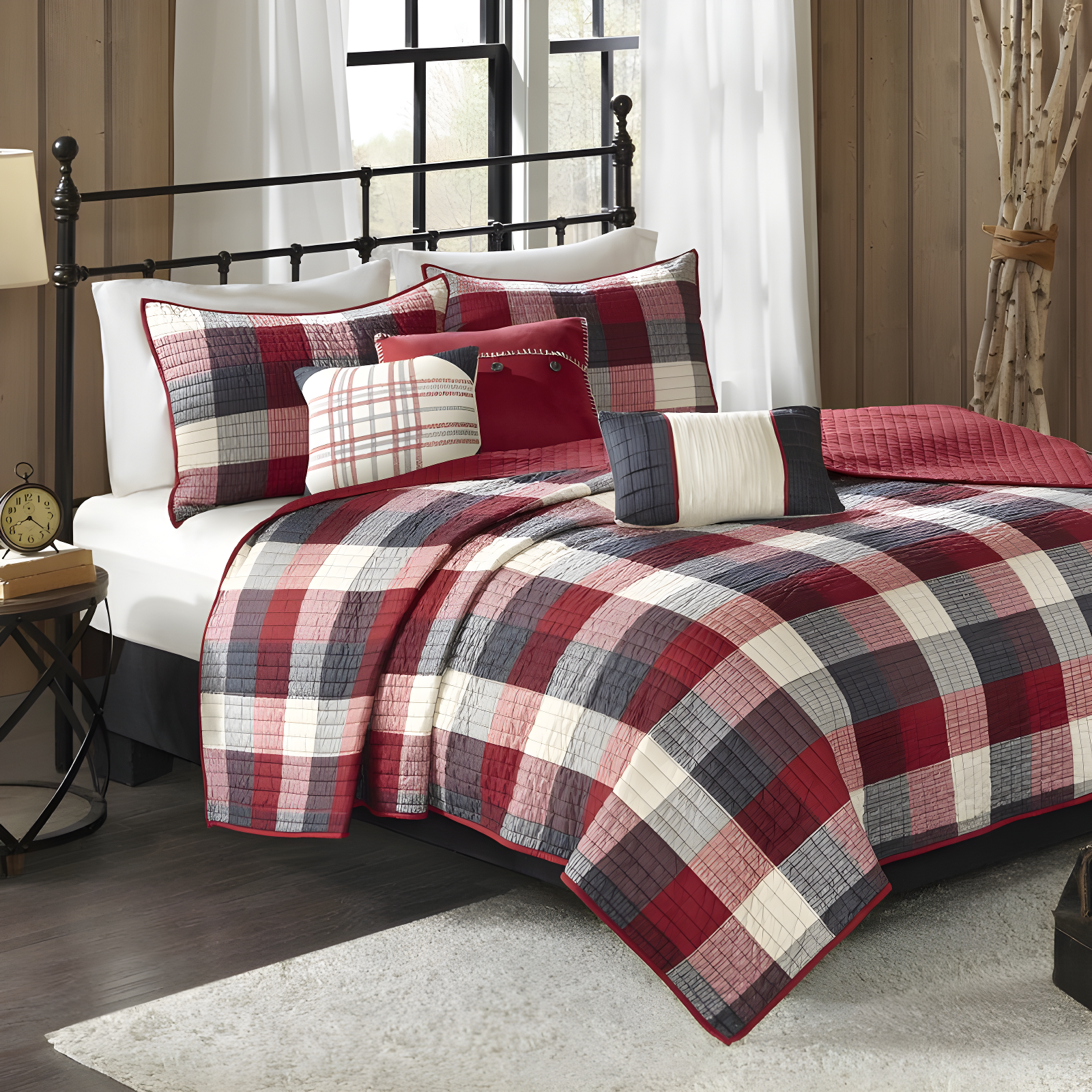 Red Full Reversible Plaid Quilt Set with Decorative Pillows