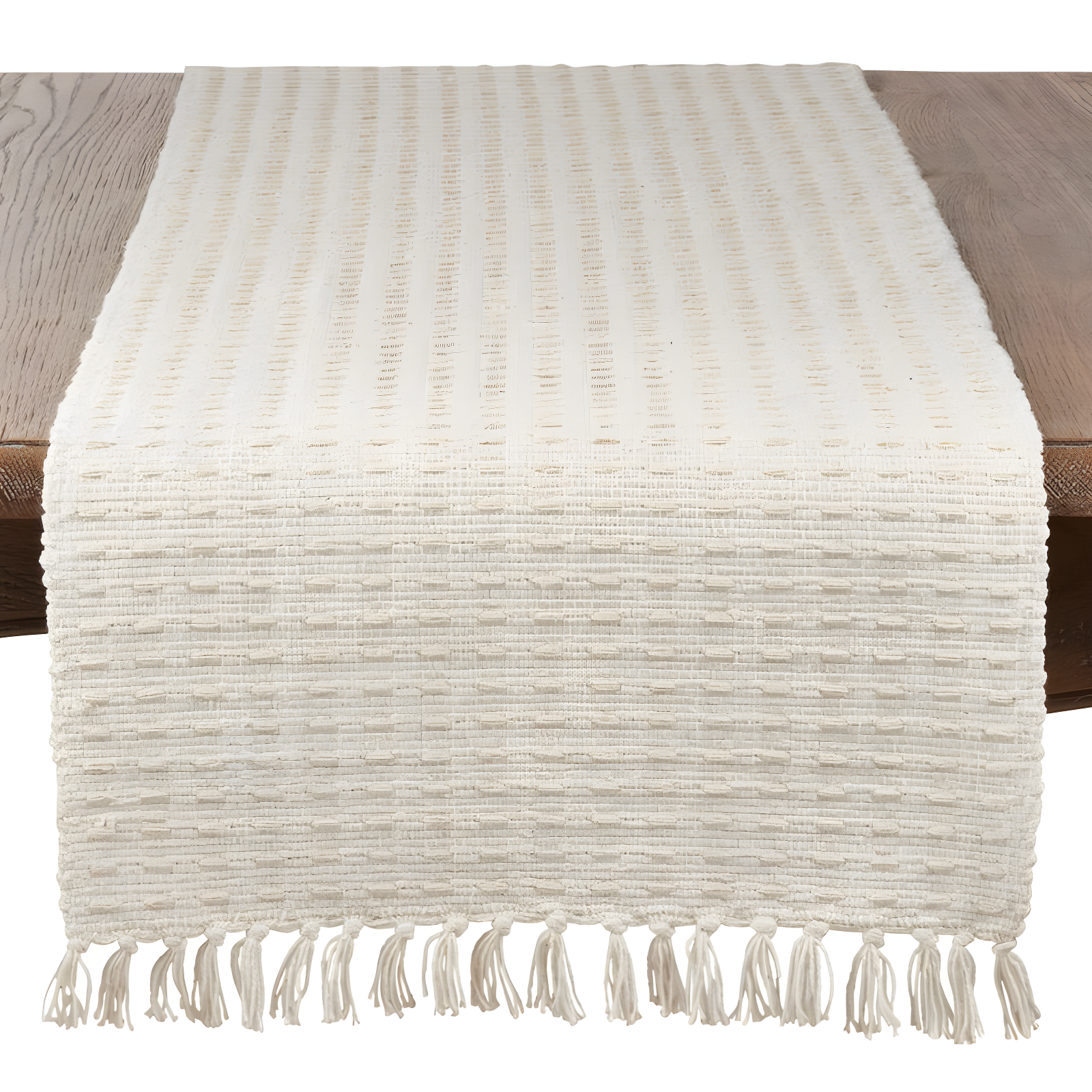 Natural Cotton Dashed Woven Table Runner with Fringe