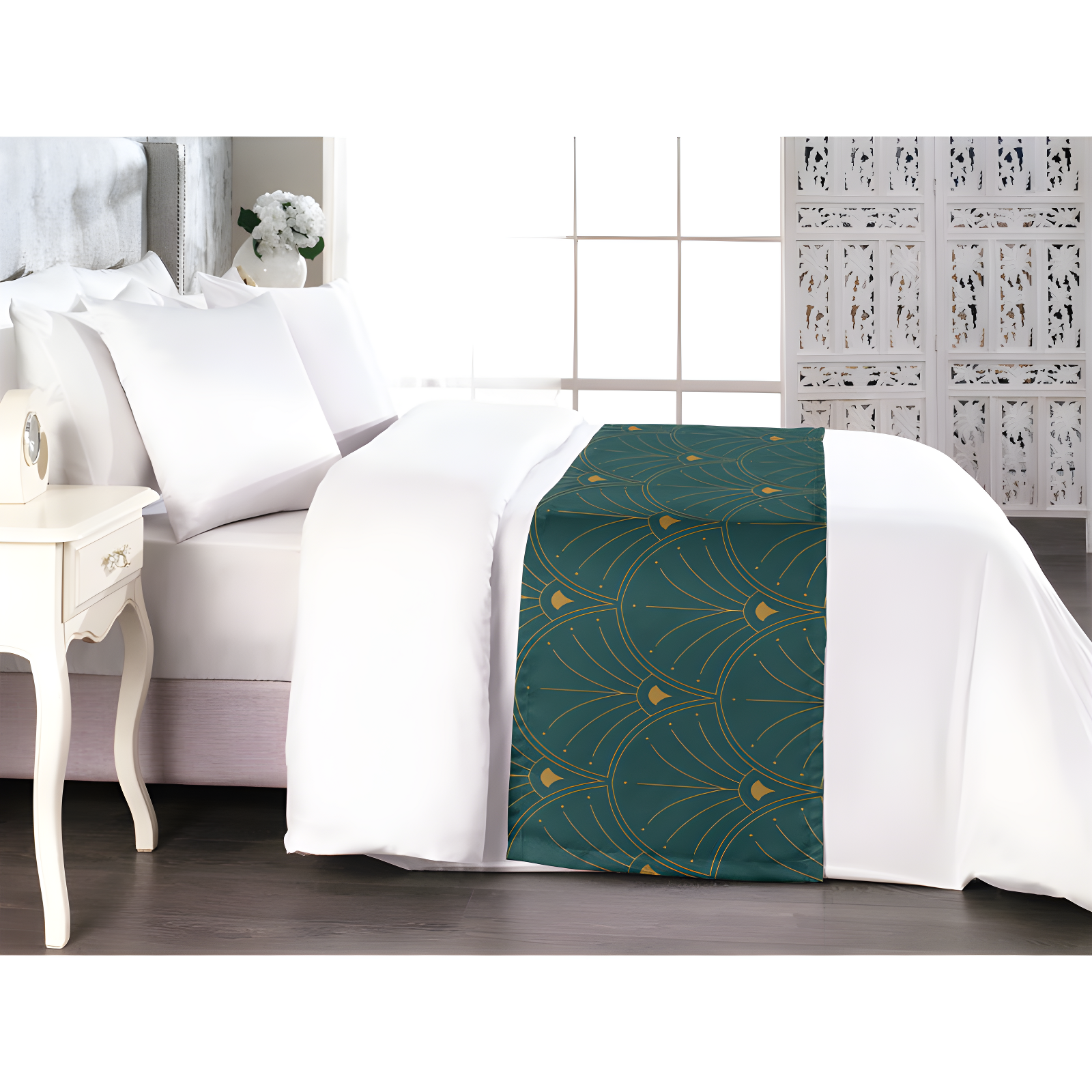 Teal and Sand Brown Satin Polyester Queen Bed Runner