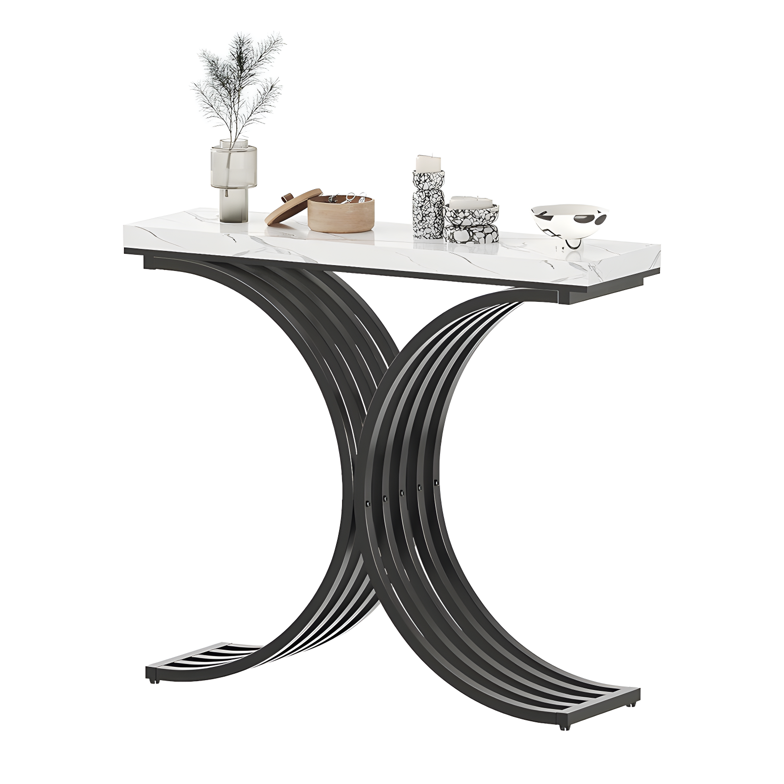 Modern Walnut and Black Metal Geometric Console Table