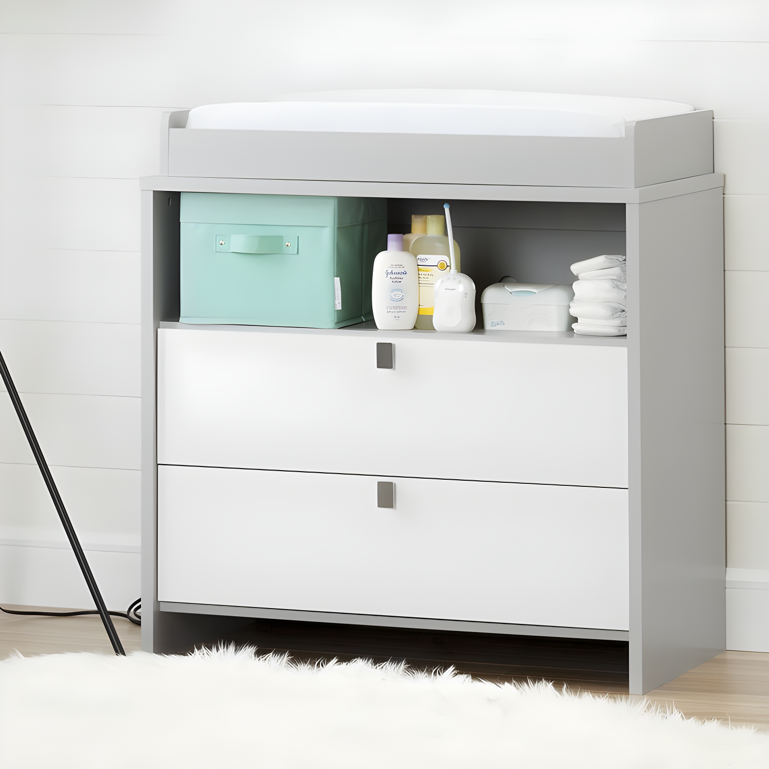 Soft Gray and White Changing Table Dresser with Storage