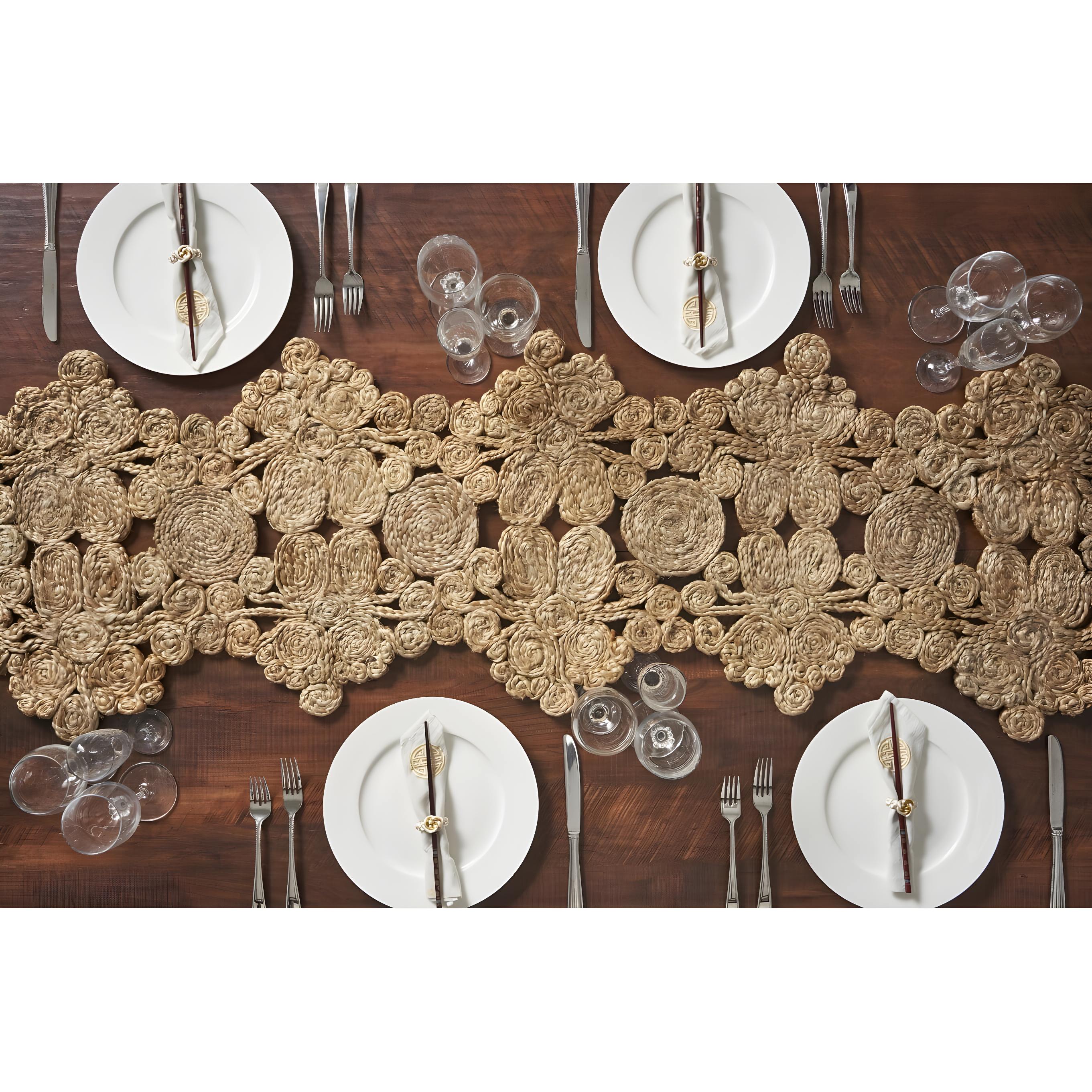 Natural Jute Woven Table Runner with Detailed Circle Design