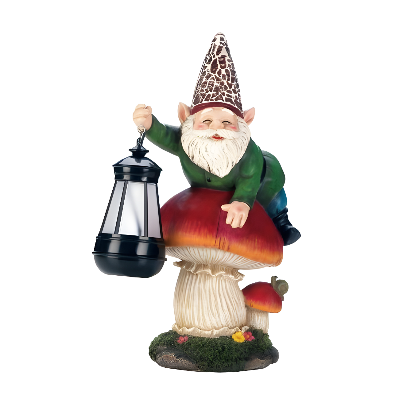 Gnome on Red Mushroom with Solar Lantern Statue