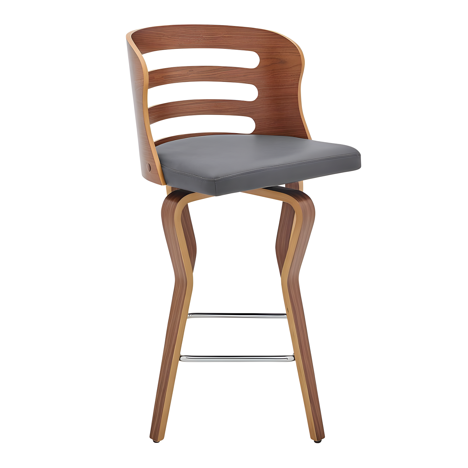Adjustable Gray Faux Leather & Walnut Wood Swivel Counter Stool 26"