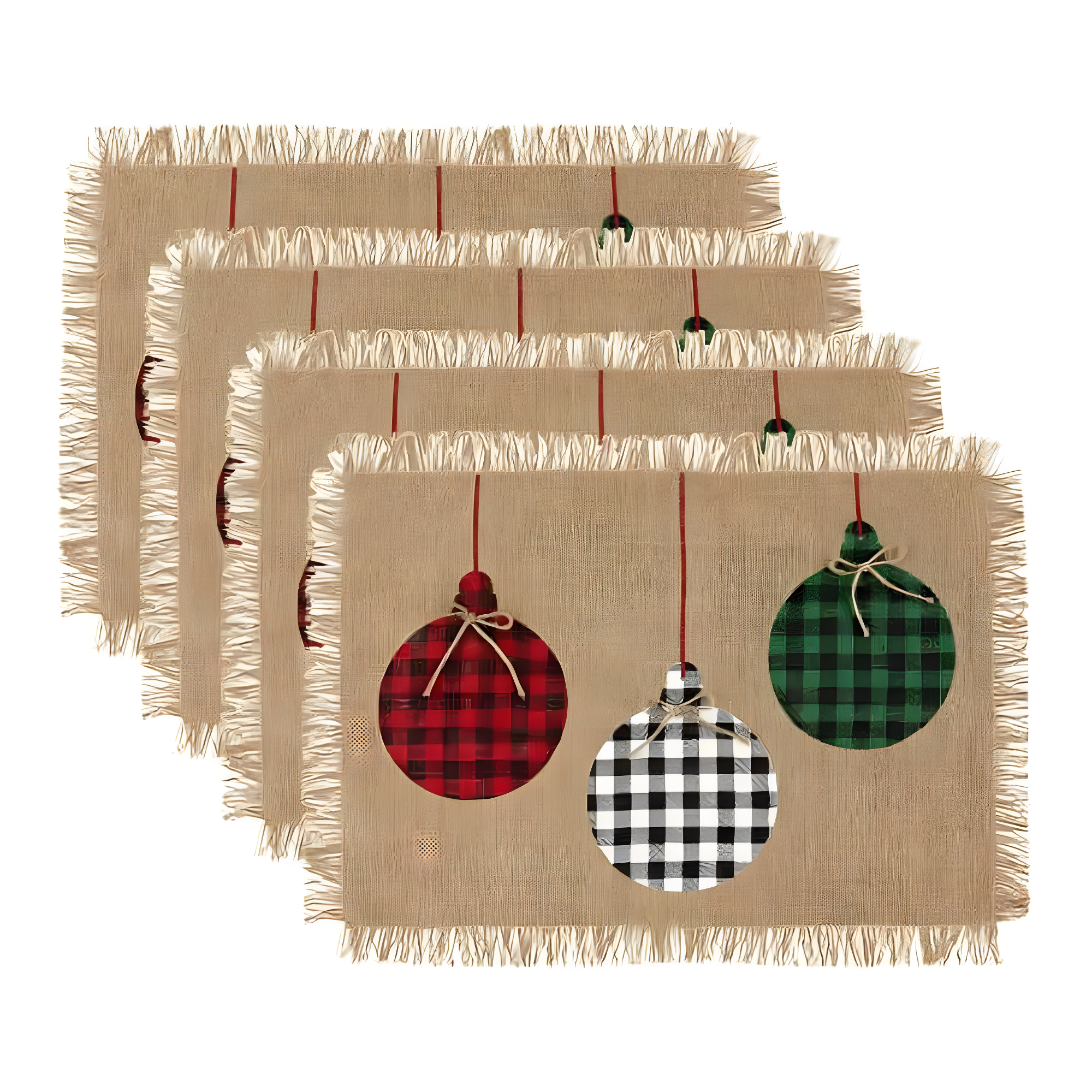 Farmhouse Burlap Holiday Placemat Set with Ornaments, 13" x 19"