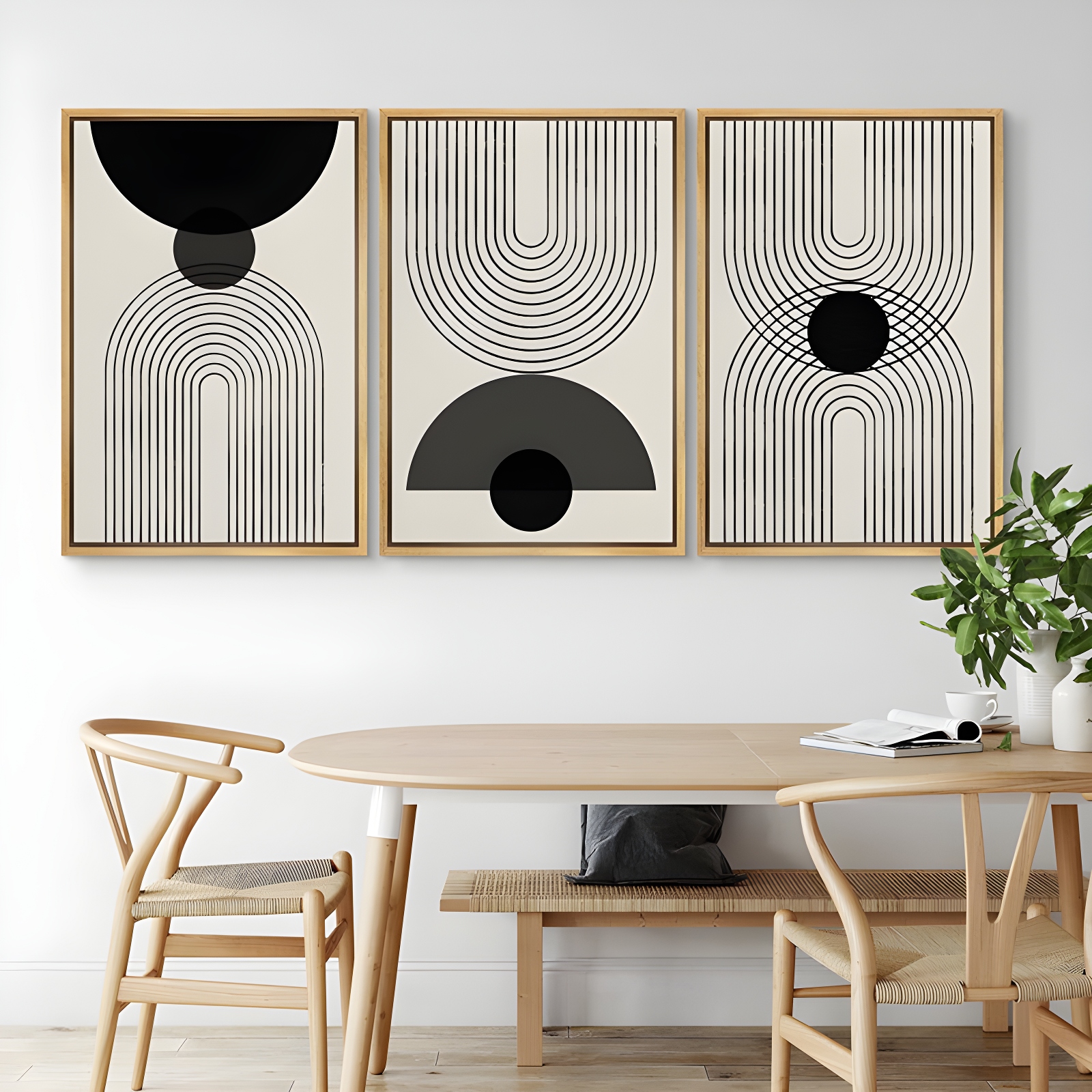 Natural Framed Geometric Abstract Canvas Wall Art Set