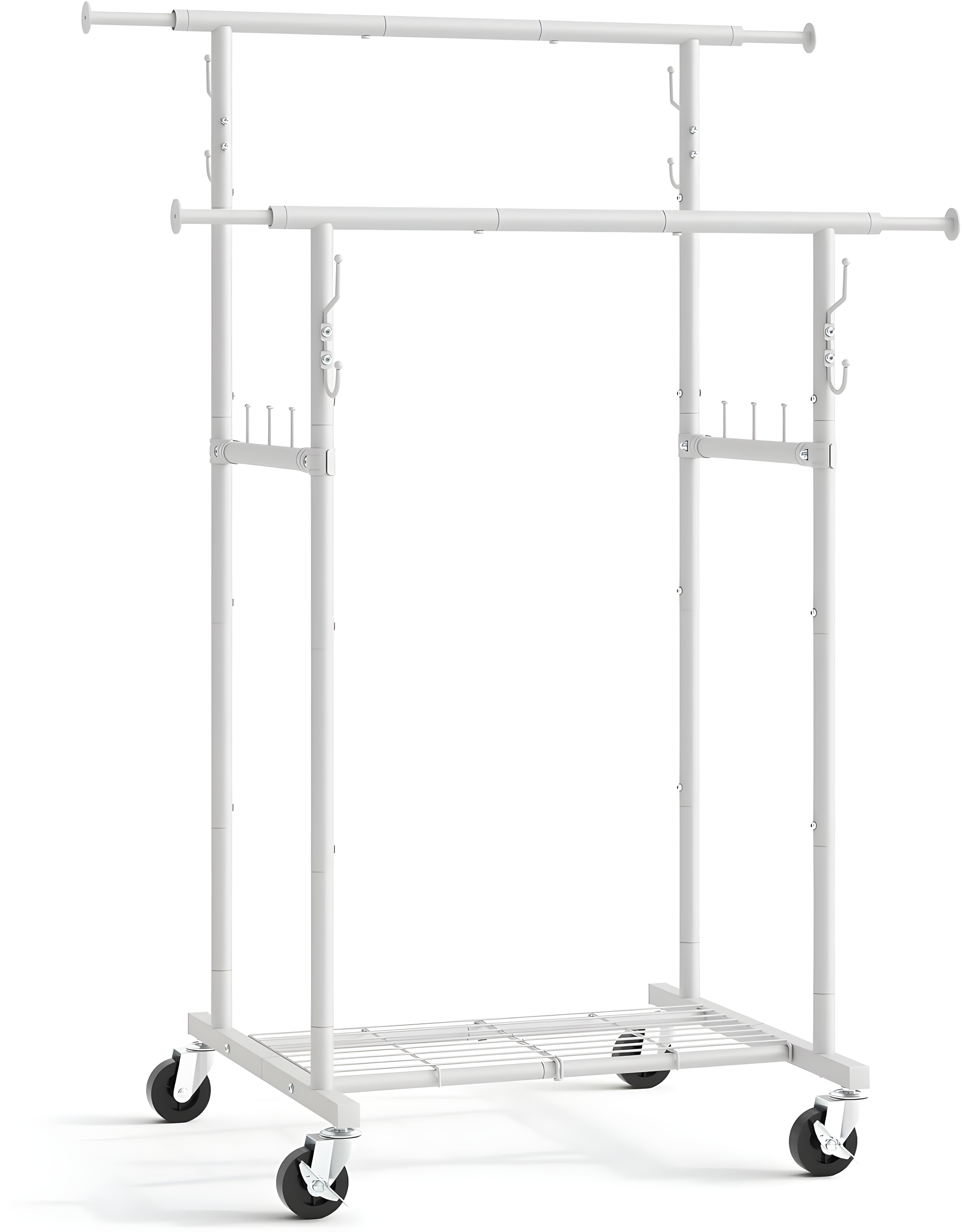 White Double Rod Metal Garment Rack with Wheels and Shelves, 64.2in