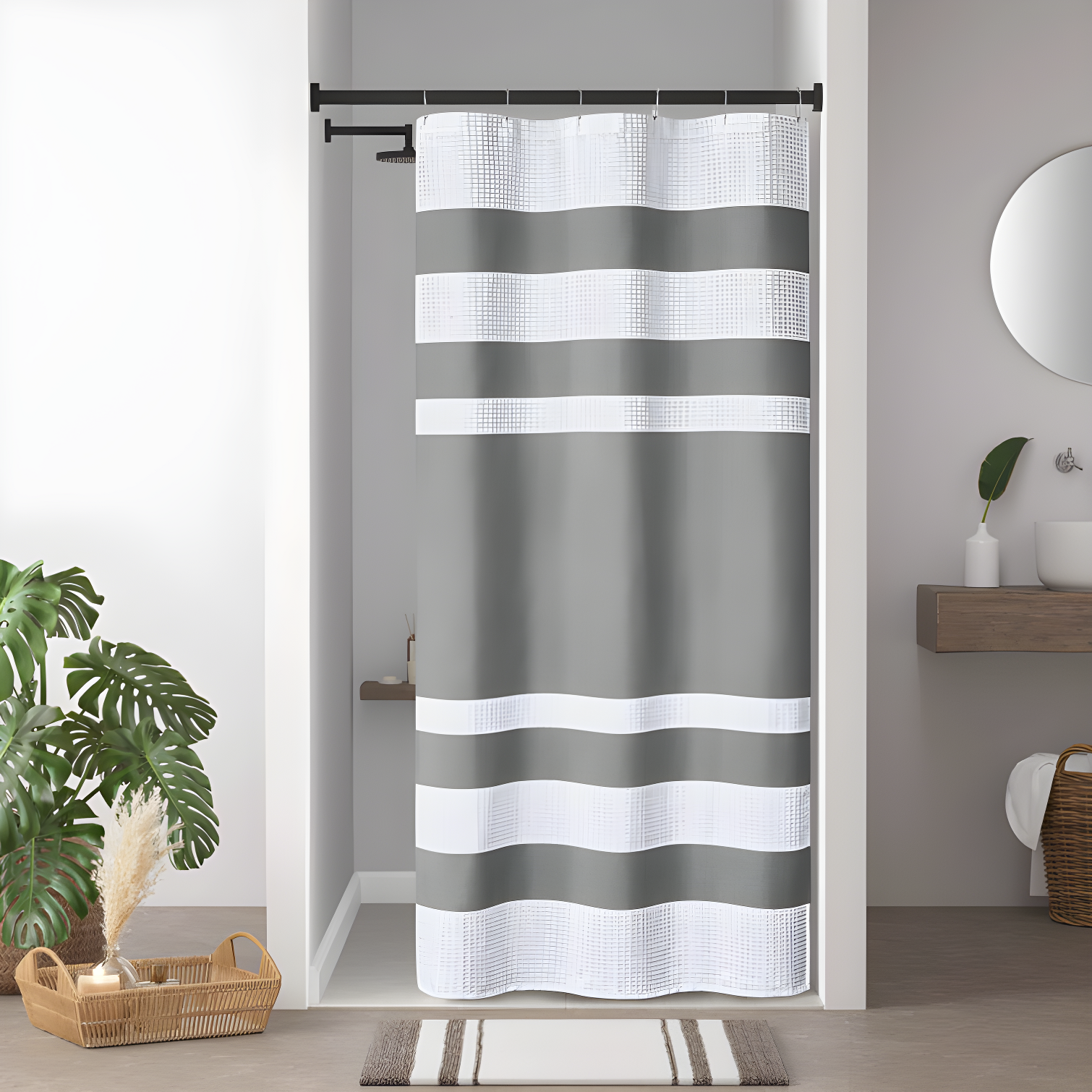 Charcoal and White Waffle Weave Shower Curtain with 3M Treatment