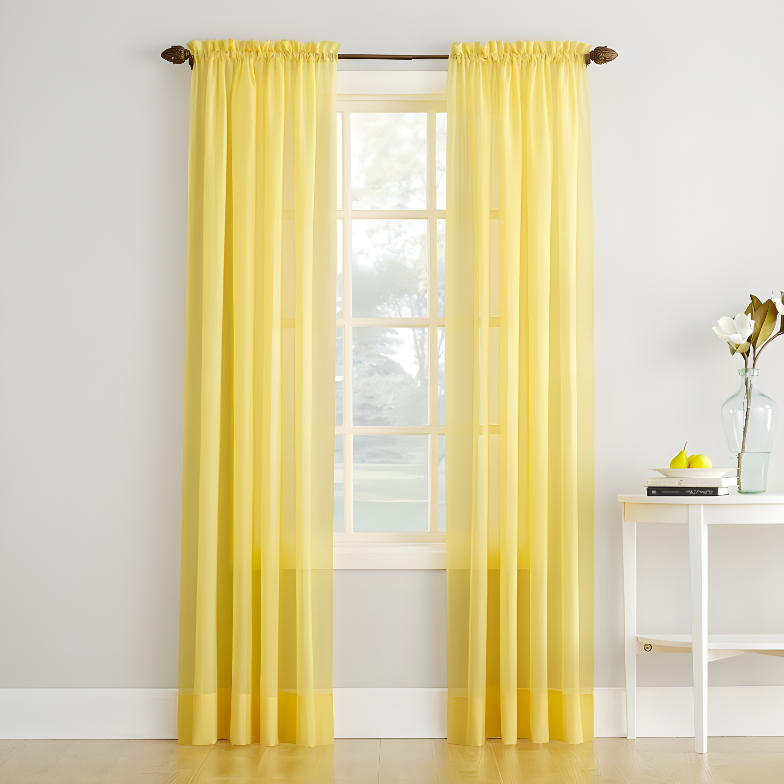 Yellow Sheer Polyester Rod Pocket Curtain Panel