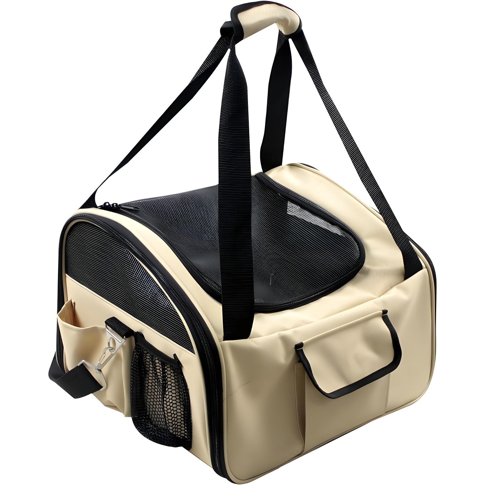 Beige and Black Soft-Sided Dog Carrier with Mesh Sunroof