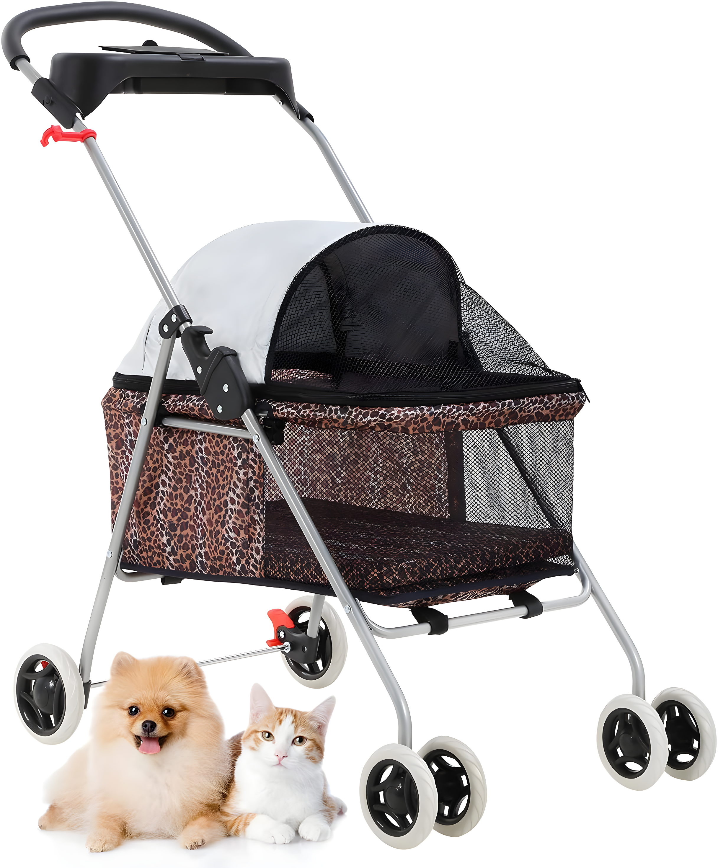 Leopard Print Folding Pet Stroller with Cup Holder