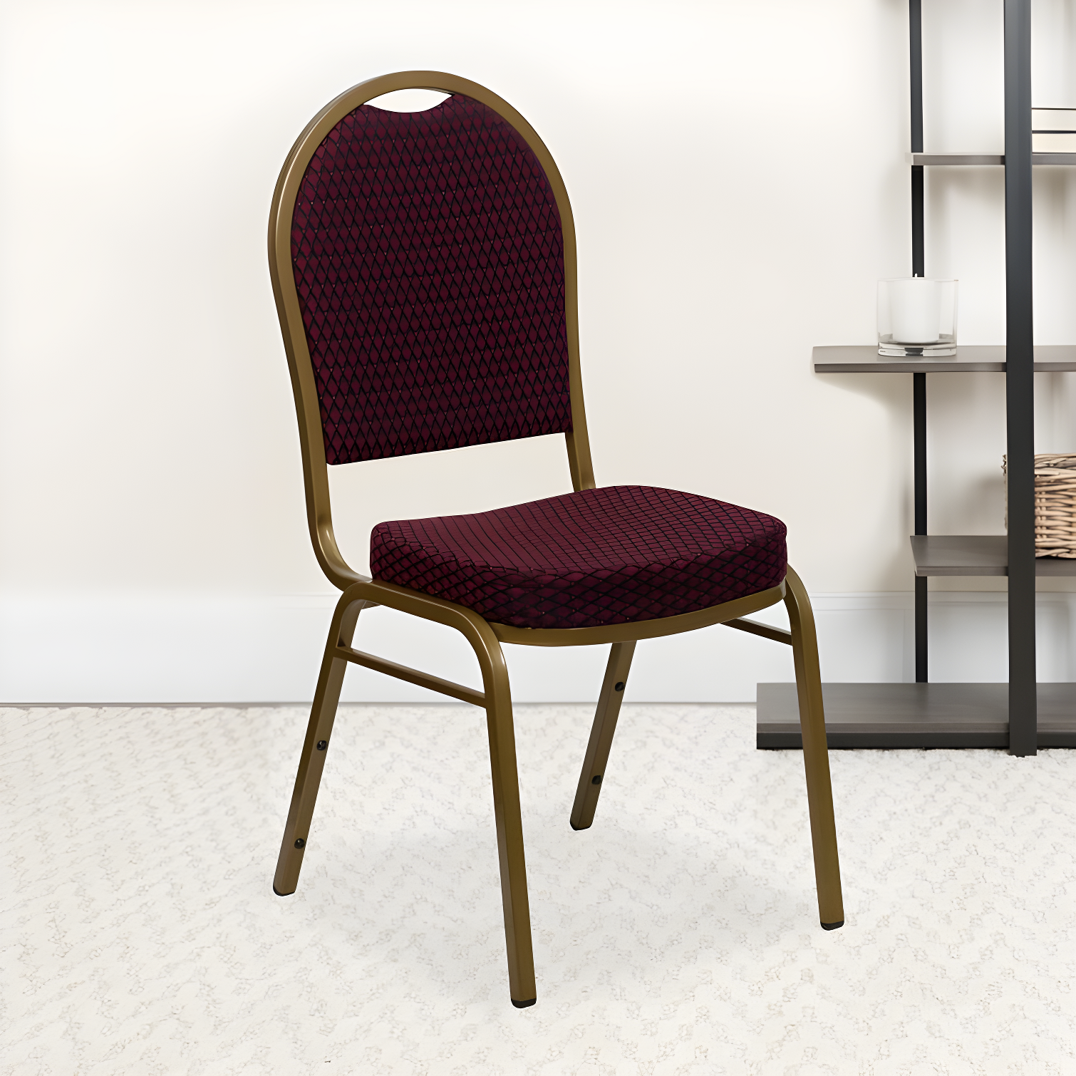 Burgundy Patterned Fabric and Gold Frame Stacking Banquet Chair