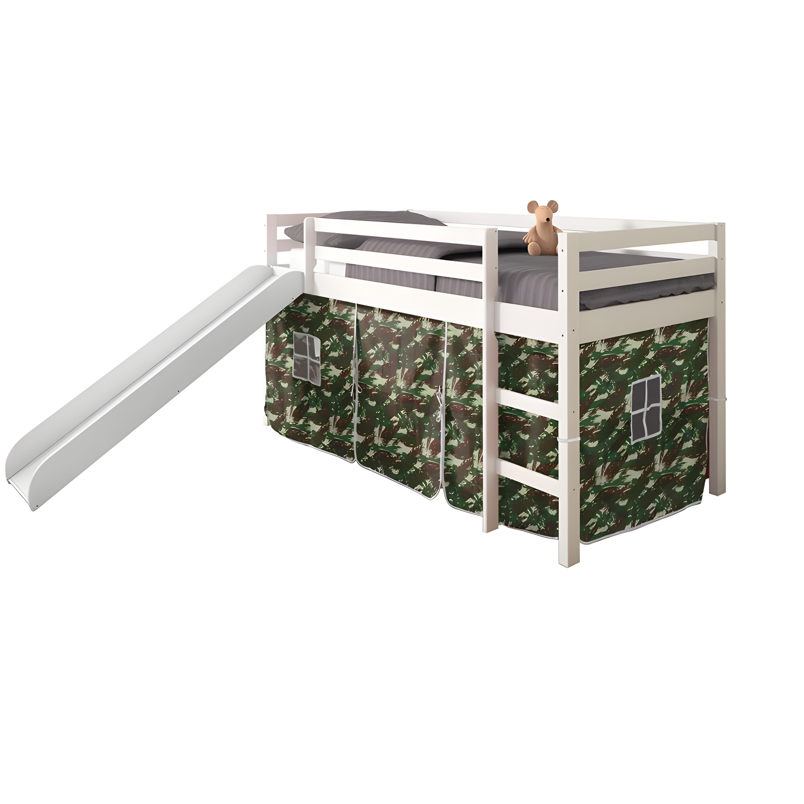 White Twin Loft Bed with Slide and Camo Tent