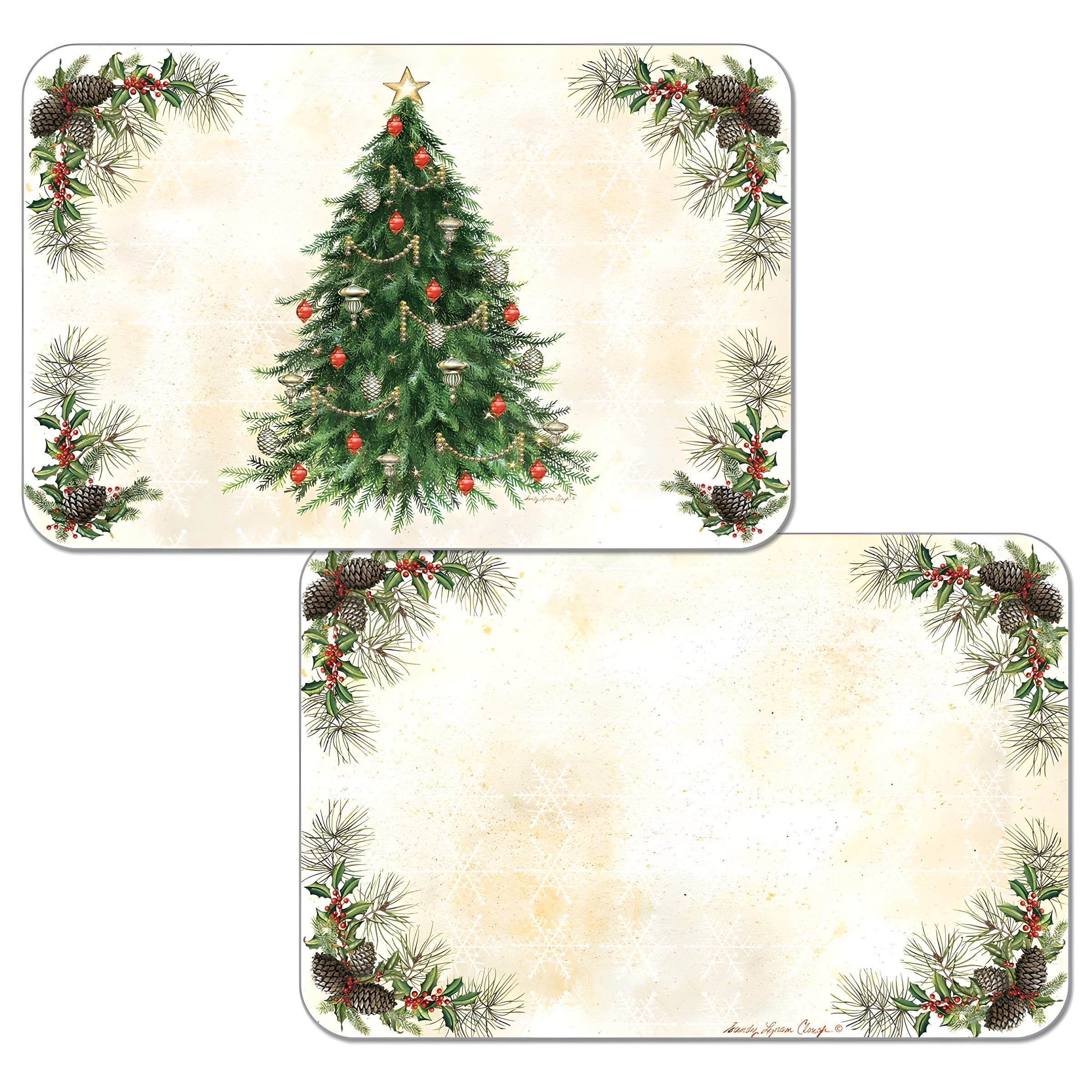 Vintage Christmas Tree Reversible Plastic Placemats, 4 Pack