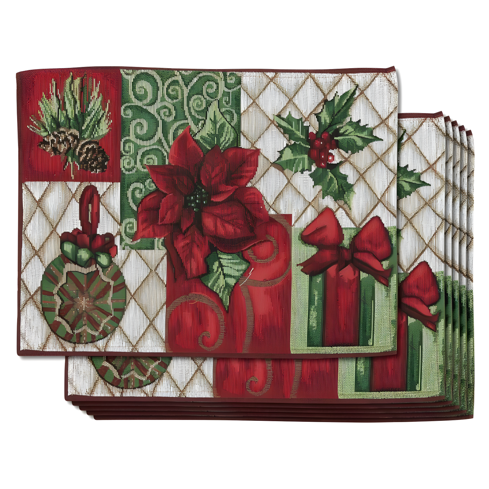 Festive Red and Green Polyester Christmas Placemats Set of 6