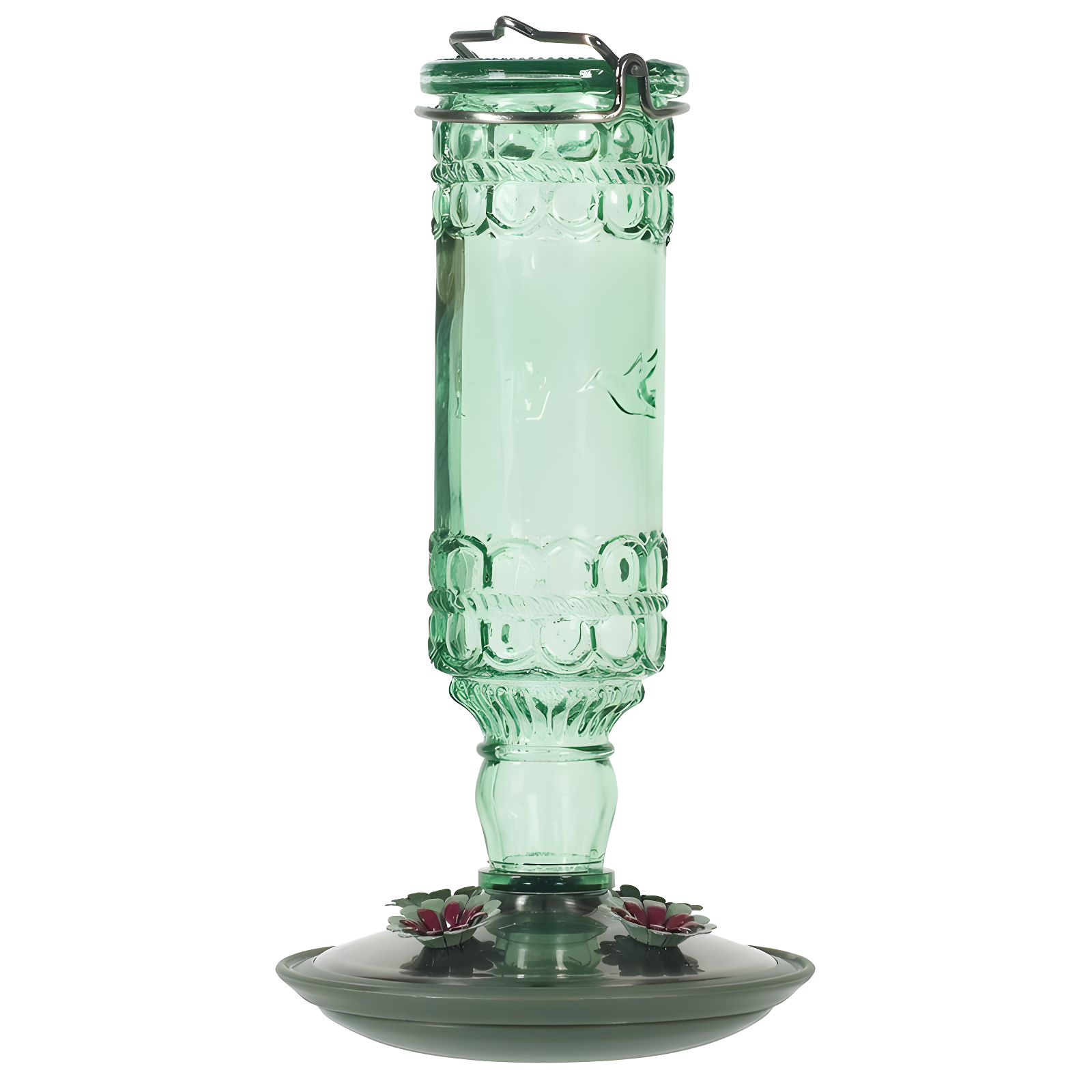 Green Antique Glass Hanging Hummingbird Feeder with Metal Accents