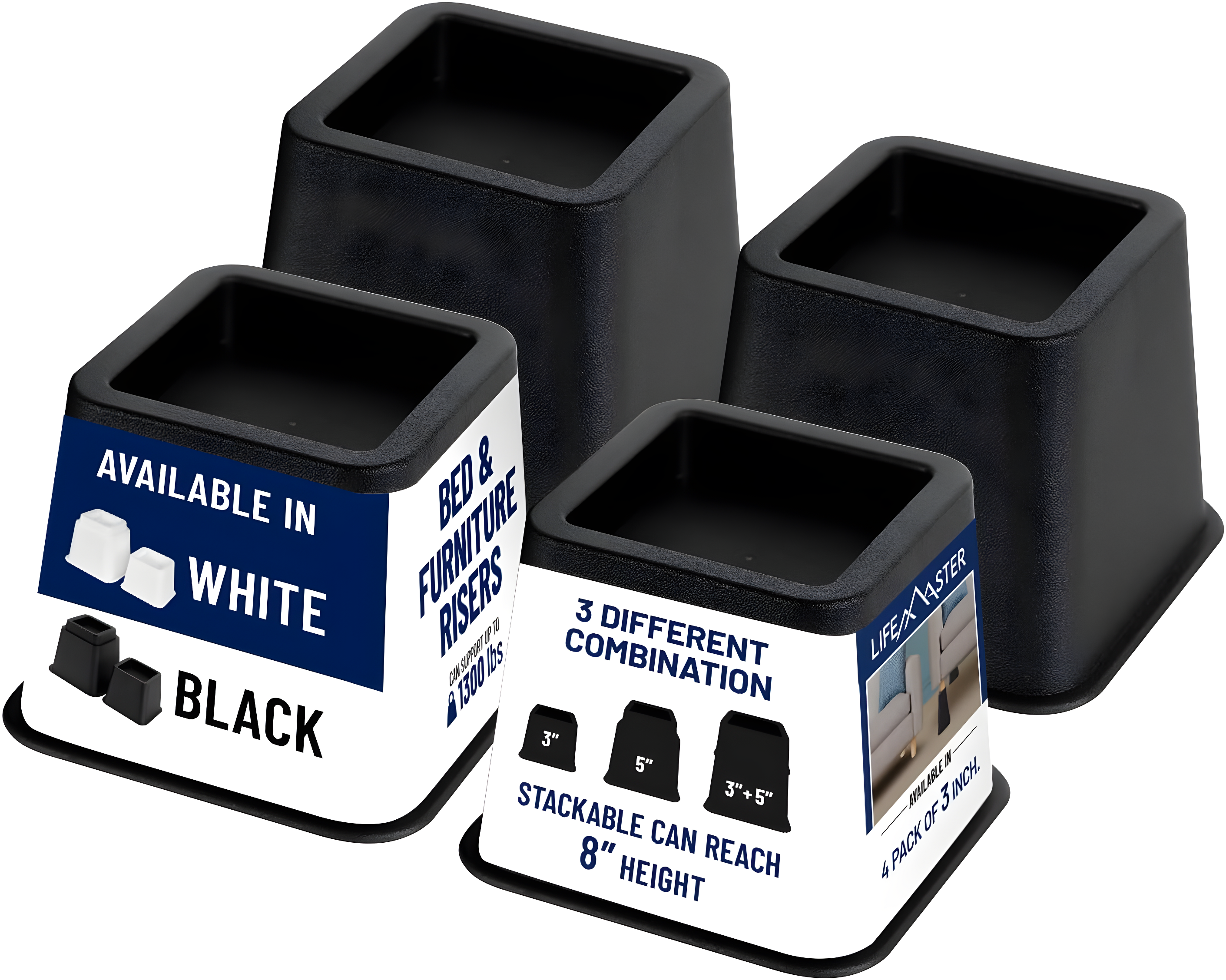 Black Heavy-Duty 3-Inch Furniture Leg Risers Set of 4
