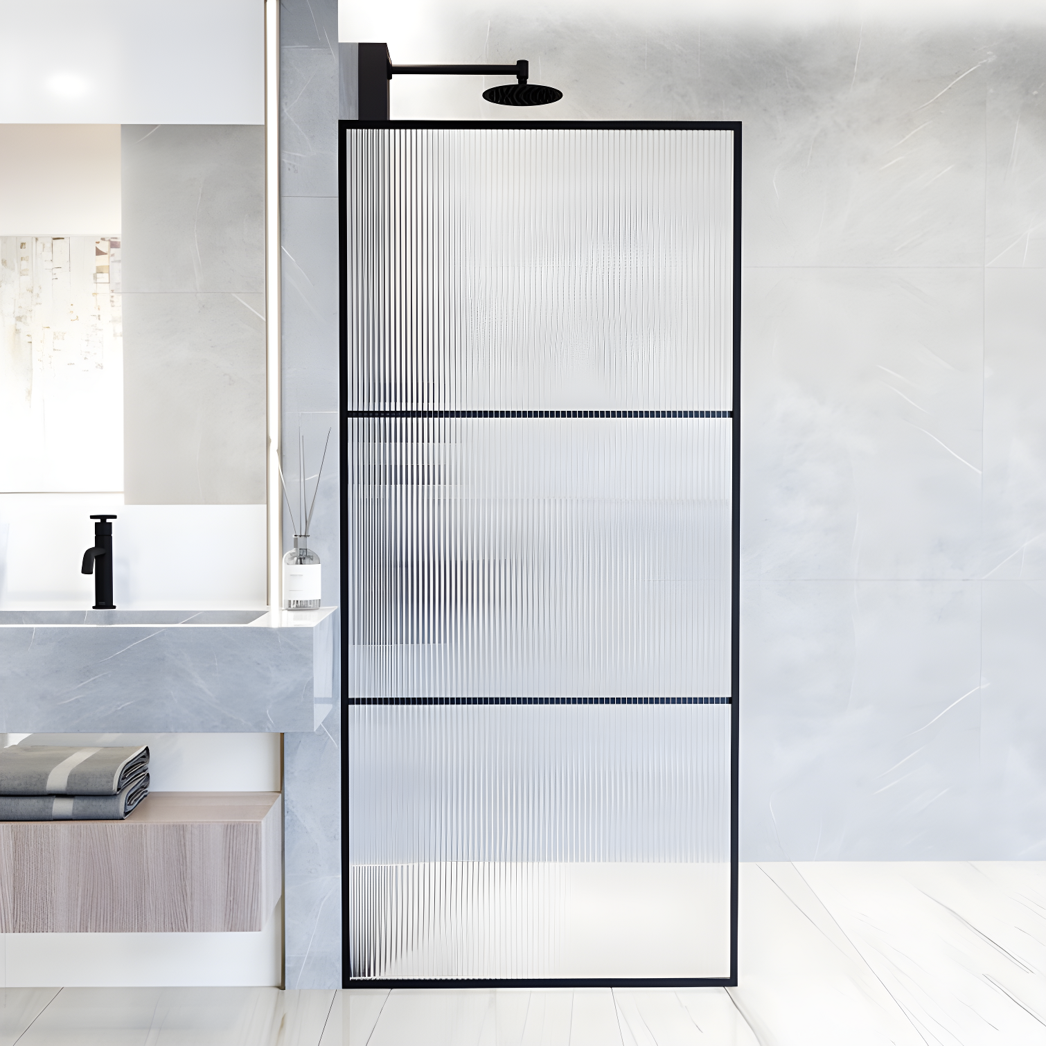 Divide 34" W x 74" H Matte Black Fluted Glass Shower Screen