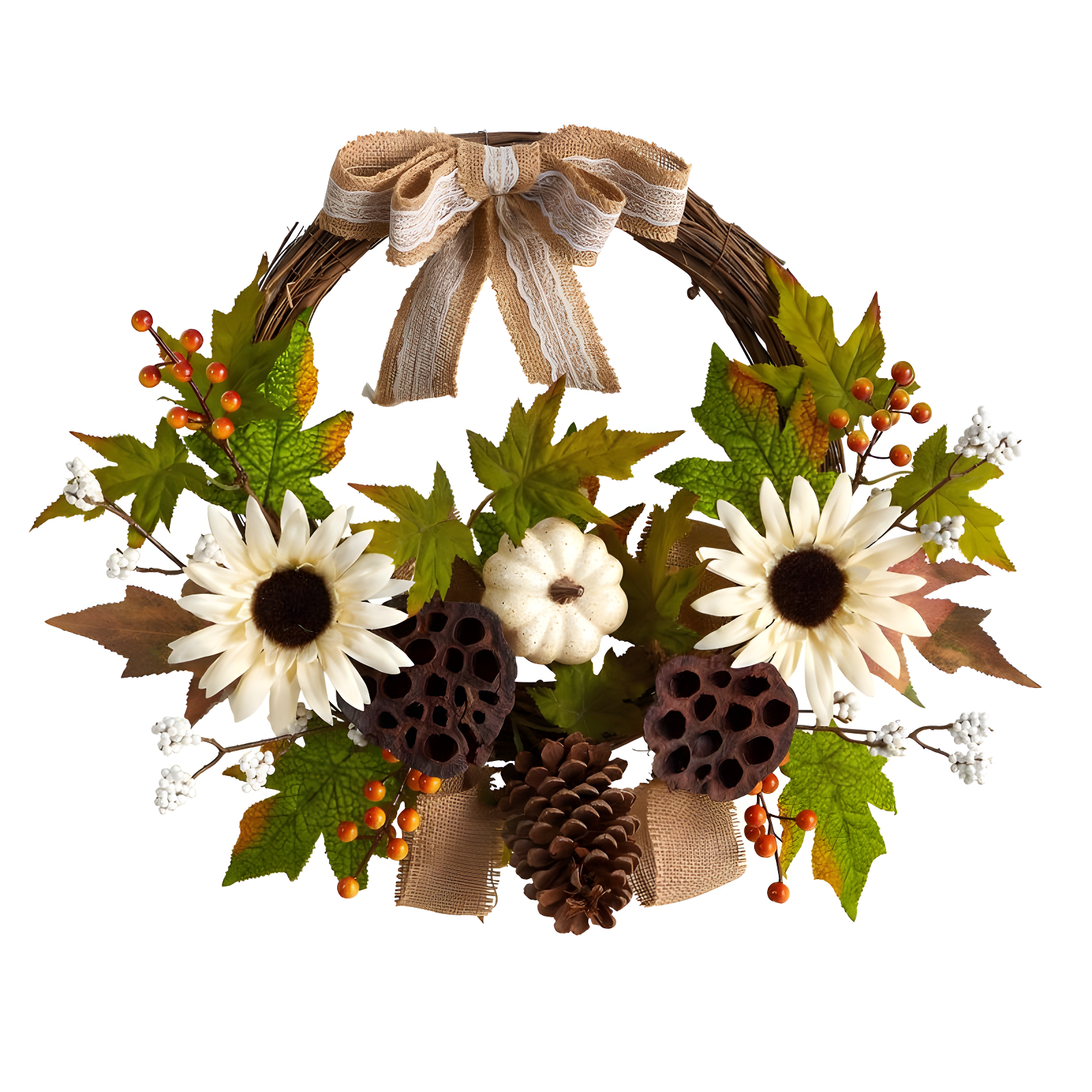 Autumn Sunflower and Pumpkin Artificial Fall Wreath with Bow