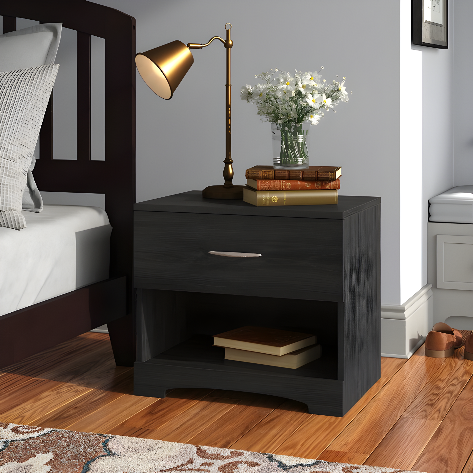 Gray Oak Modern 1-Drawer Nightstand with Open Storage