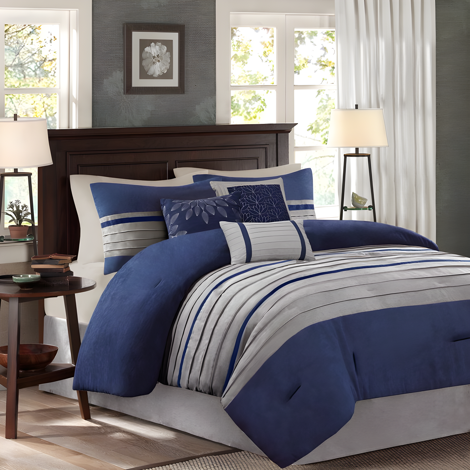 King Blue Faux Suede Comforter Set with Decorative Pillows