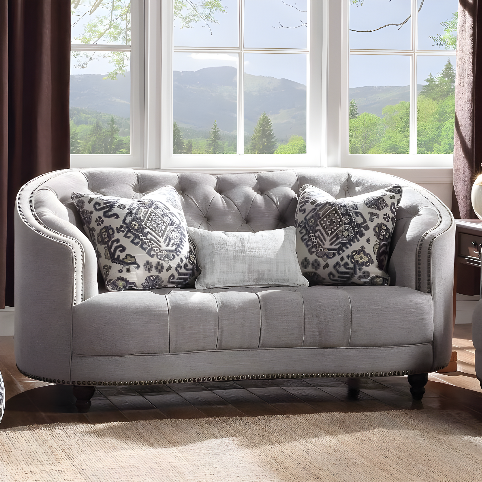 Gray Tufted Fabric Loveseat with Nailhead Trim