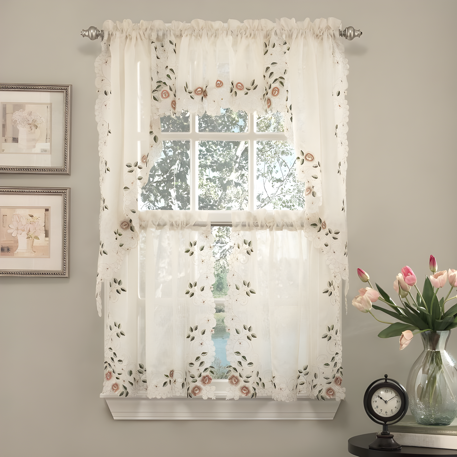 Rosemary Floral Embroidered Semi-Sheer Linen Kitchen Curtain Set