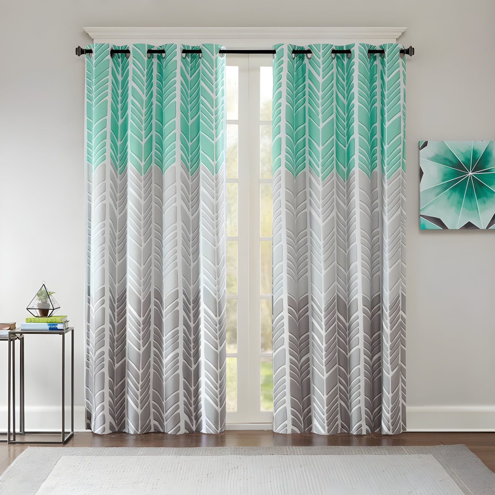 Aqua and Gray Geometric Blackout Grommet Window Curtain Panel